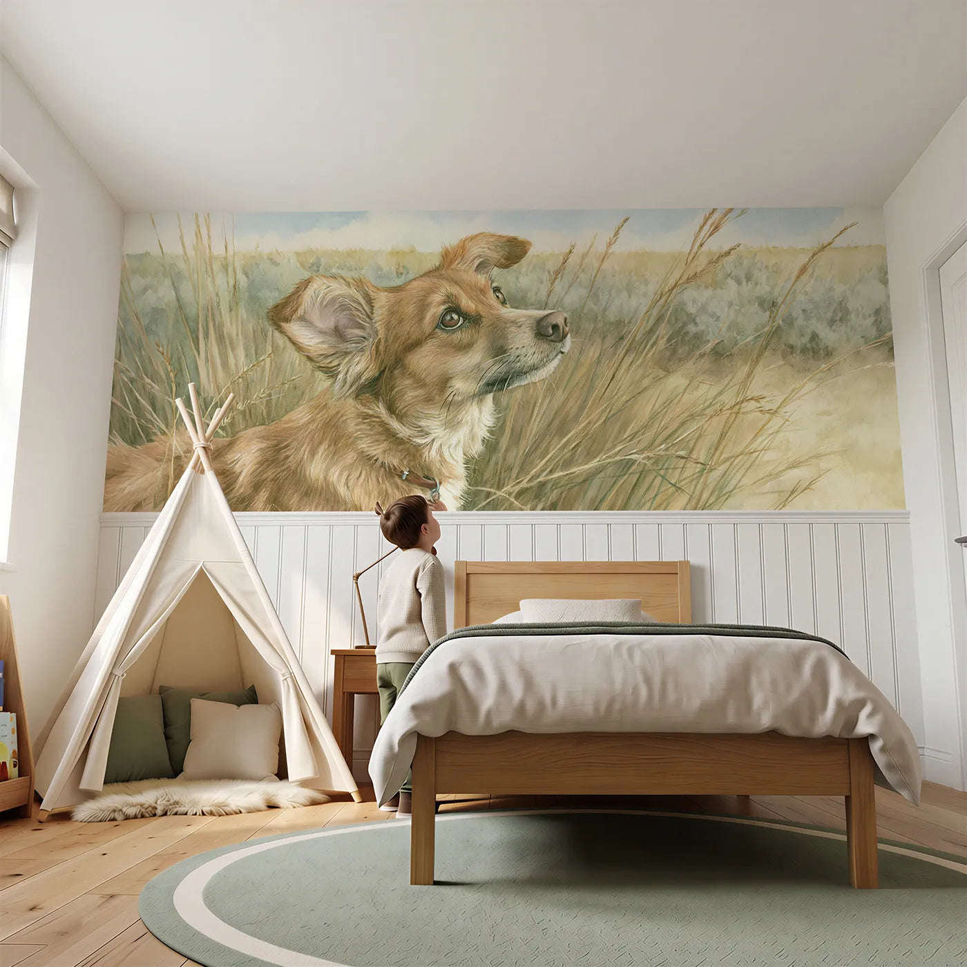 Child reading near Dog Head Tilt Listening Wainscoting Wallpaper by Whimsy Tots