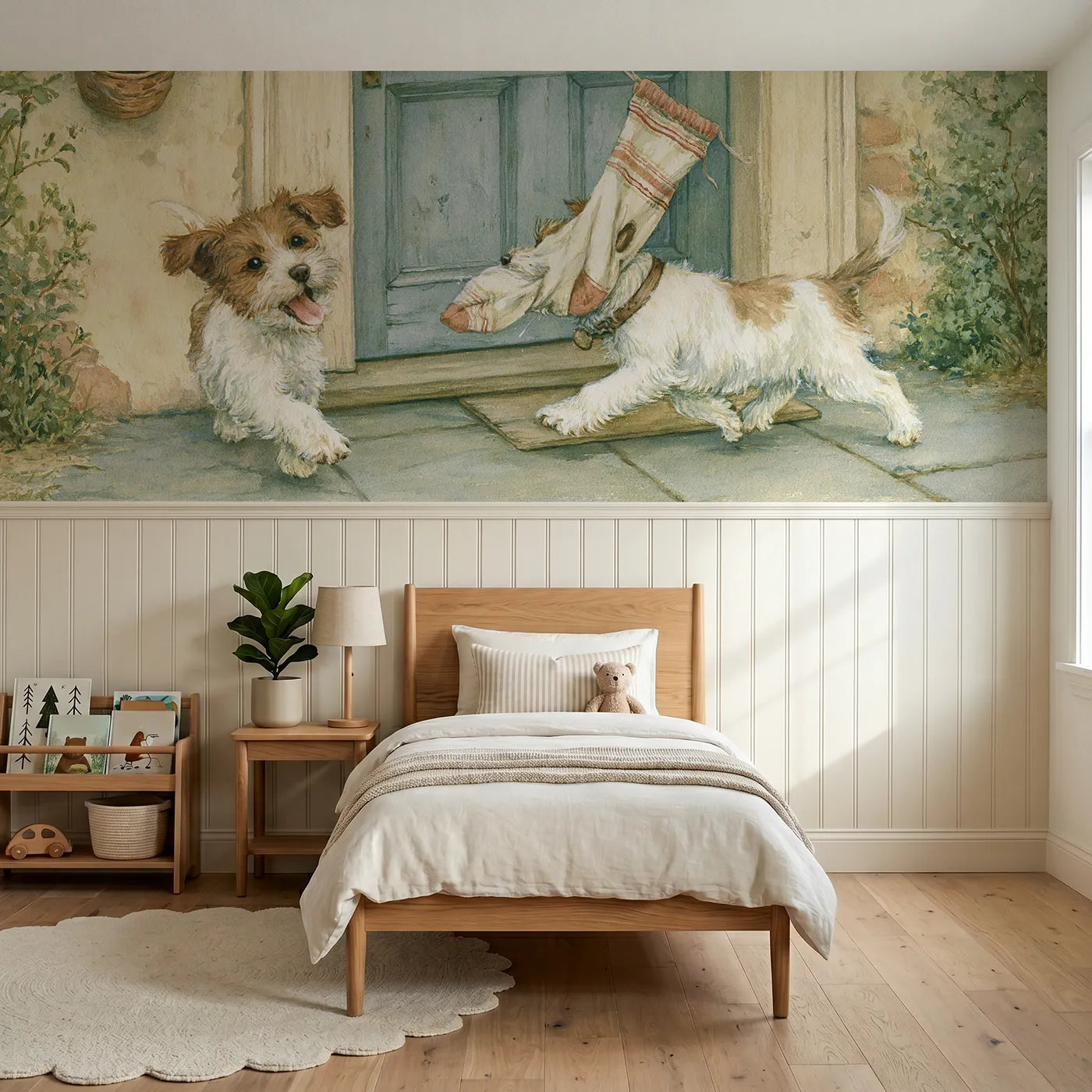 Storybook wainscoting wallpaper of a puppy parading a stolen sock by Whimsy Tots
