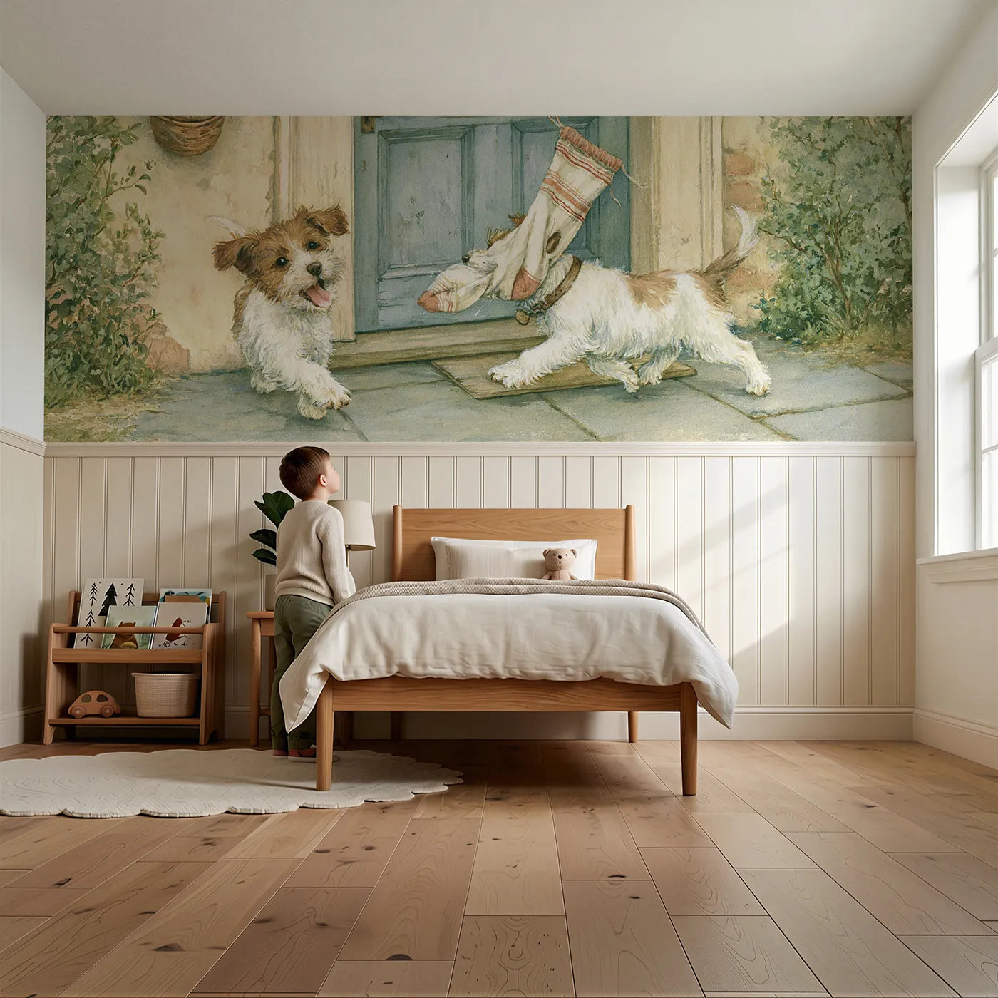 Child reading near Puppy Sock Triumph Wainscoting Wallpaper by Whimsy Tots