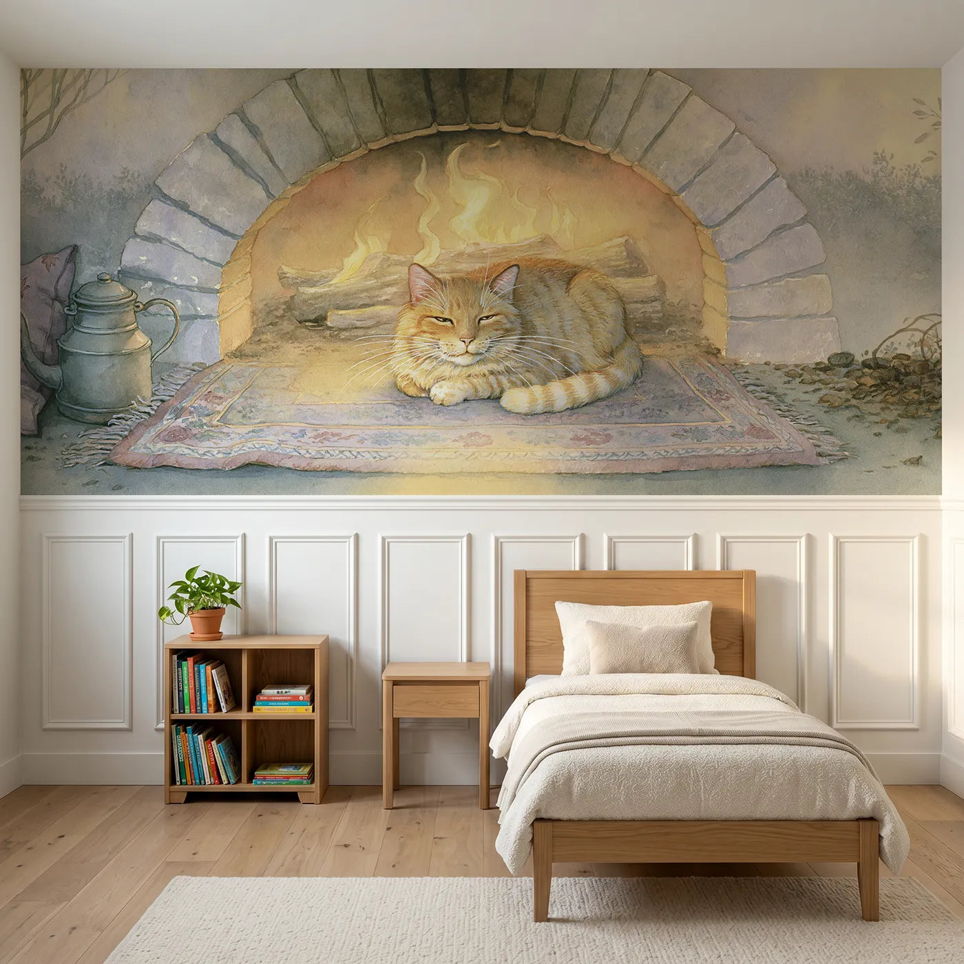 Storybook wainscoting wallpaper of a cat loafing by the hearth by Whimsy Tots