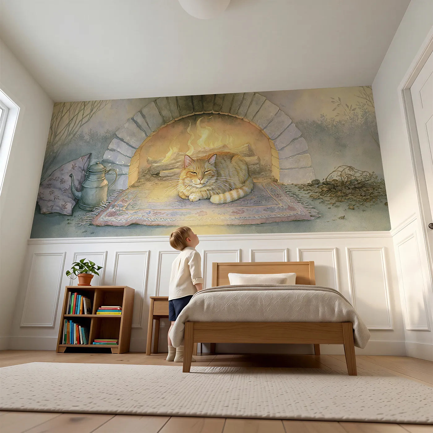 Child reading near Cat Loaf Hearth Evening Wainscoting Wallpaper by Whimsy Tots