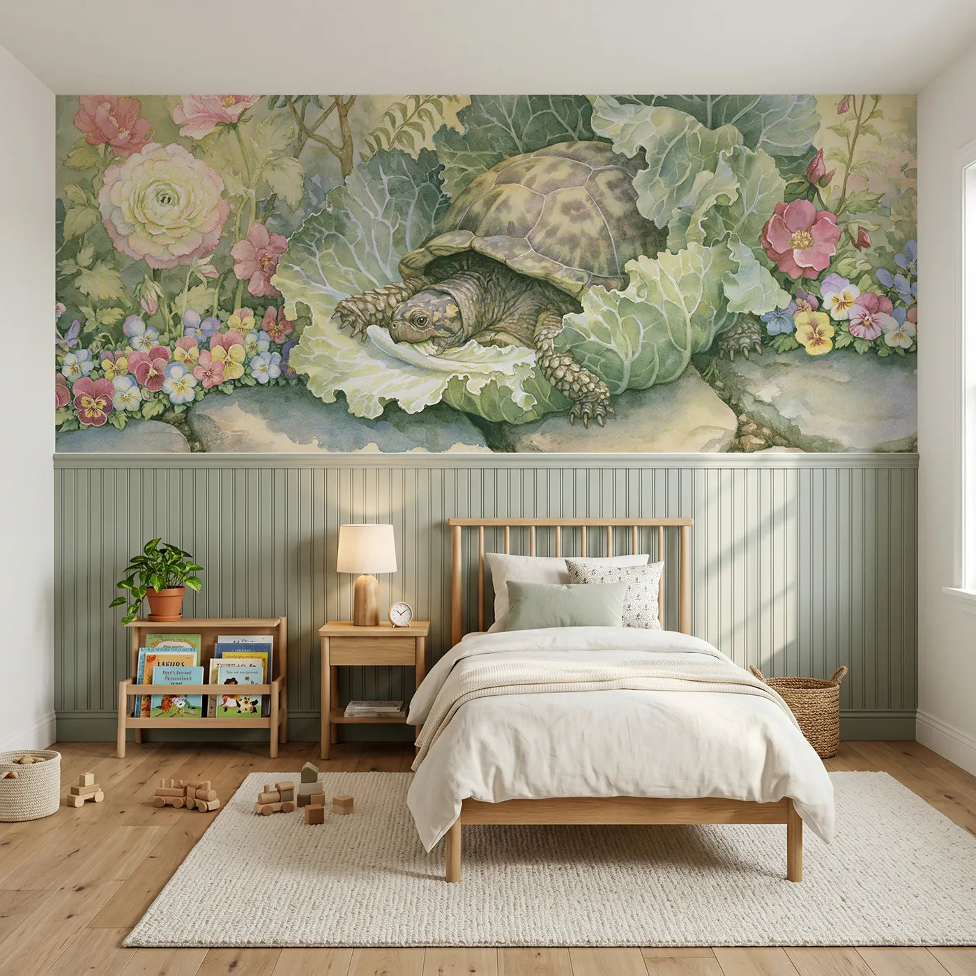Storybook wainscoting wallpaper of a tortoise eating a lettuce leaf by Whimsy Tots