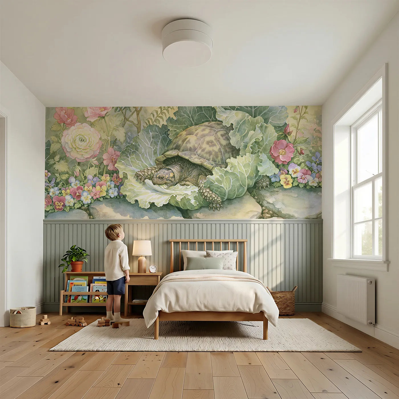 Child reading near Tortoise Lettuce Slow Lunch Wainscoting Wallpaper by Whimsy Tots