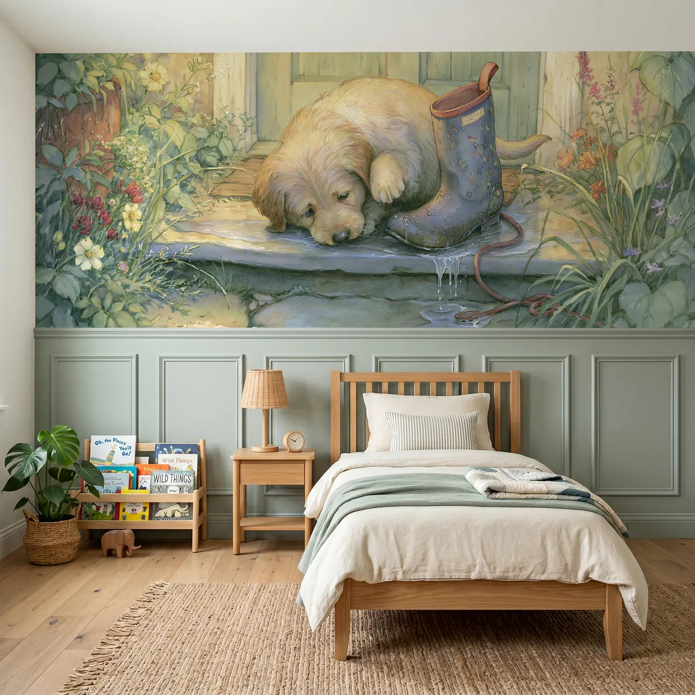 Storybook wainscoting wallpaper of a puppy sniffing a rain boot by Whimsy Tots