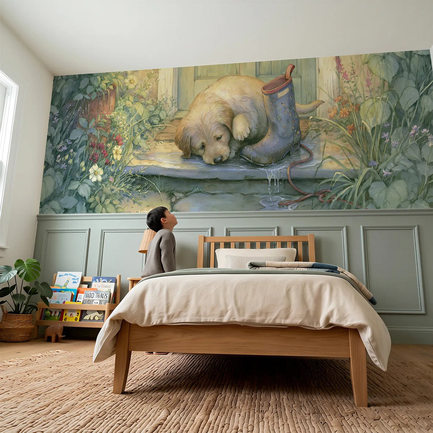 Child reading near Puppy Boot Sniff Doorstep Wainscoting Wallpaper by Whimsy Tots