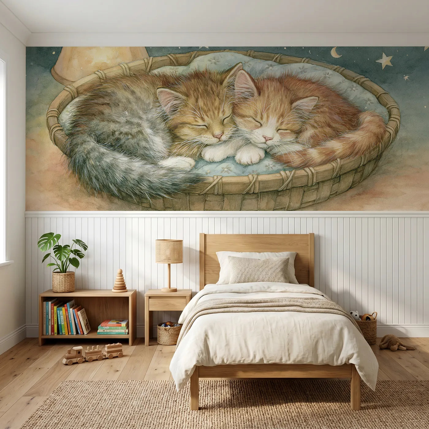 Storybook wainscoting wallpaper of two kittens in a goodnight basket by Whimsy Tots