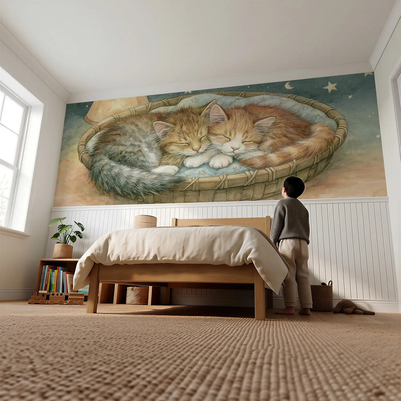 Child reading near Kitten Goodnight Basket Pair Wainscoting Wallpaper by Whimsy Tots