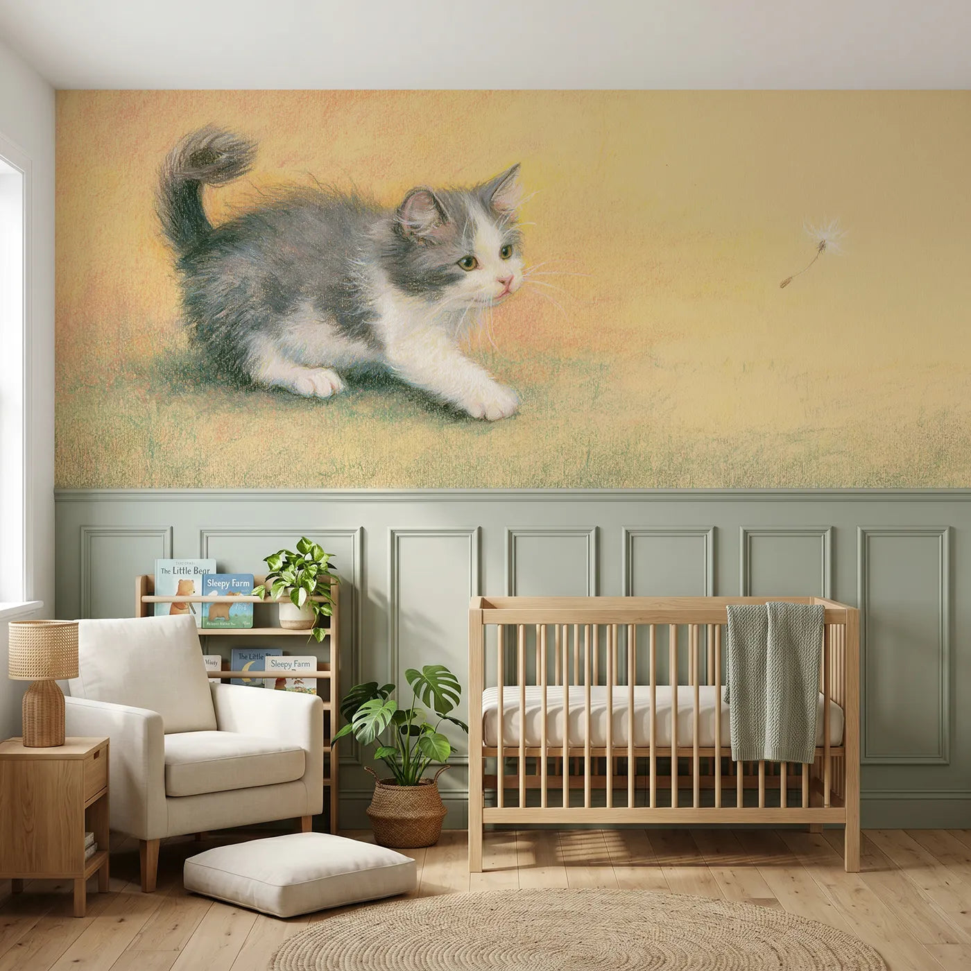 Colored pencil wainscoting wallpaper of a kitten winding up to pounce by Whimsy Tots