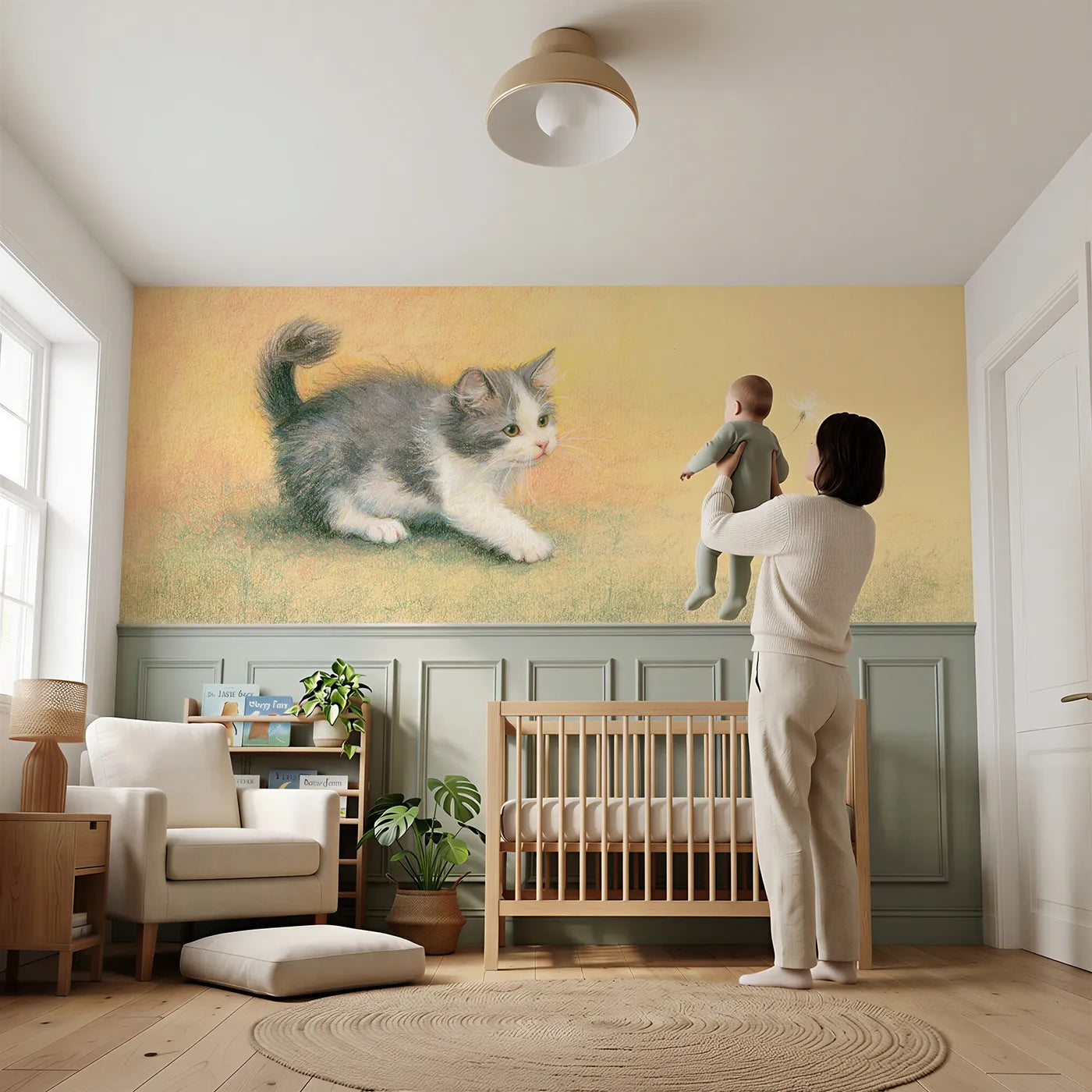 Child reading near Kitten Pounce Wiggle Wainscoting Wallpaper by Whimsy Tots