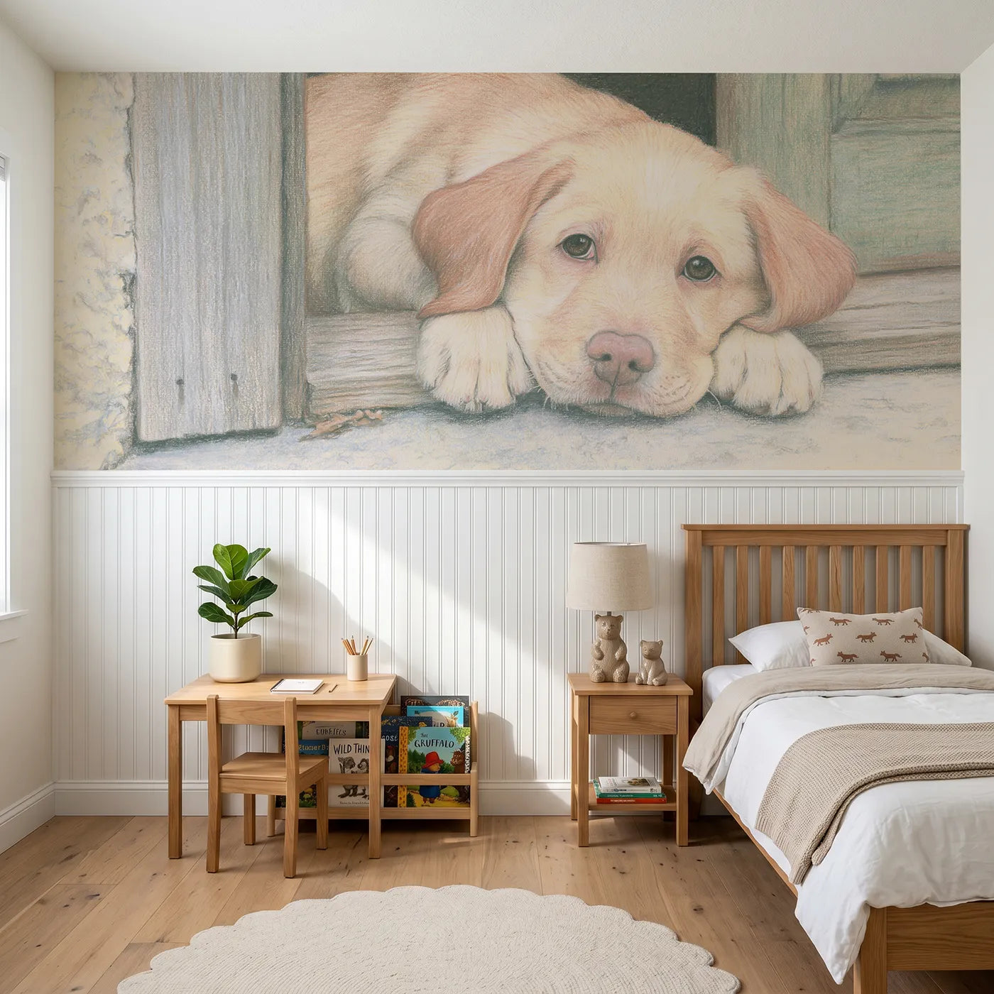 Colored pencil wainscoting wallpaper of a puppy waiting at the doorstep by Whimsy Tots