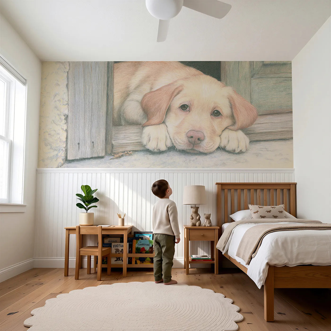 Child reading near Puppy Chin Rest Waiting Wainscoting Wallpaper by Whimsy Tots