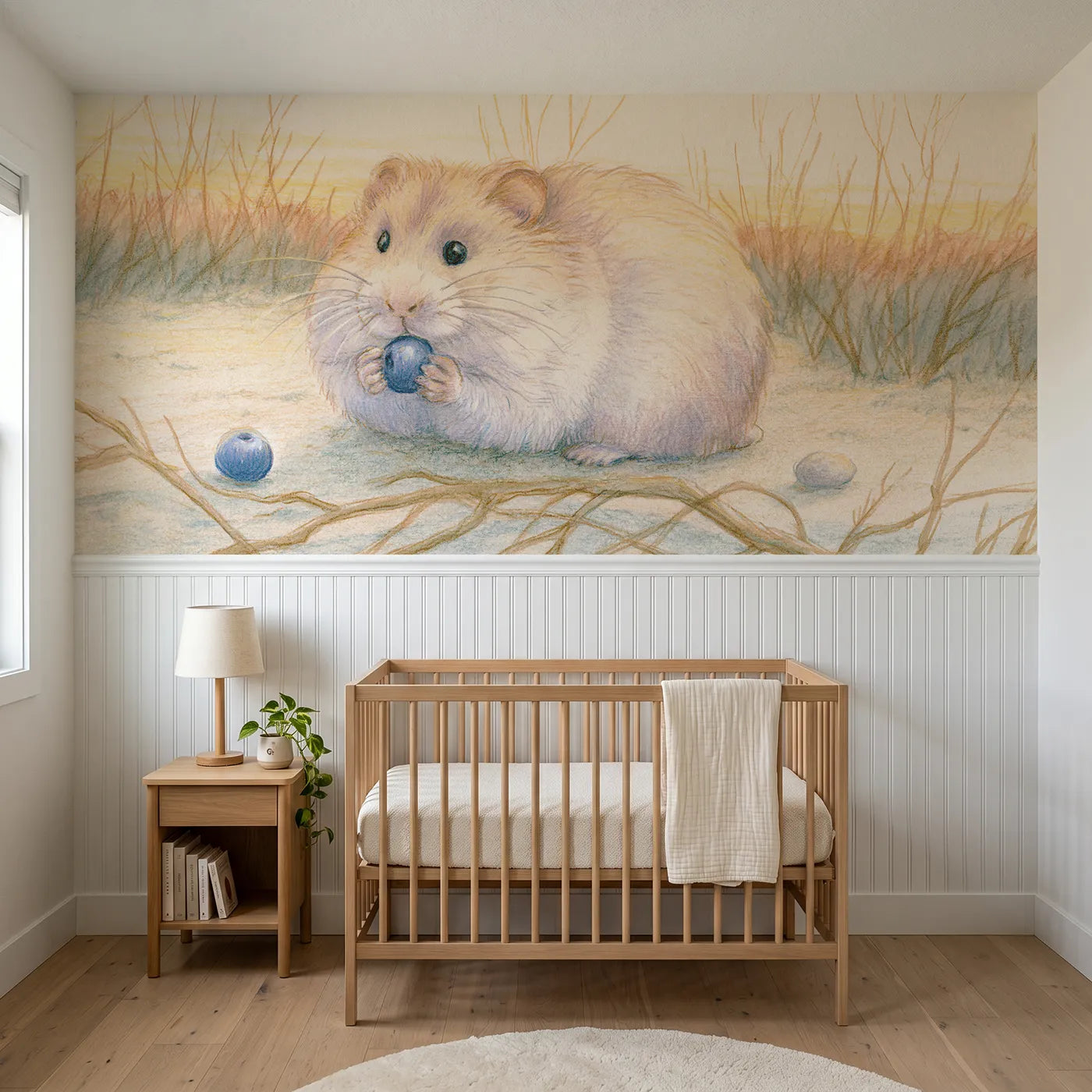 Colored pencil wainscoting wallpaper of a hamster holding a blueberry by Whimsy Tots