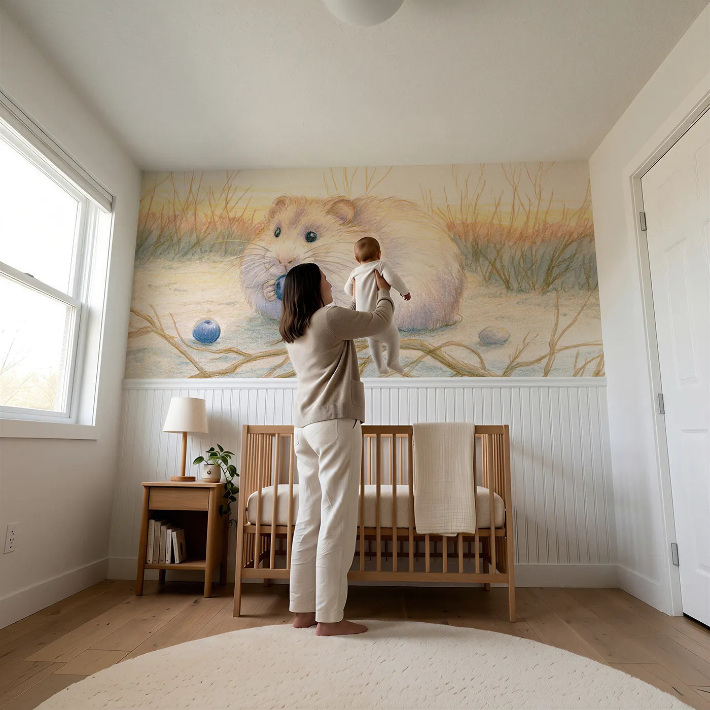 Child reading near Hamster Berry Hold Tiny Wainscoting Wallpaper by Whimsy Tots