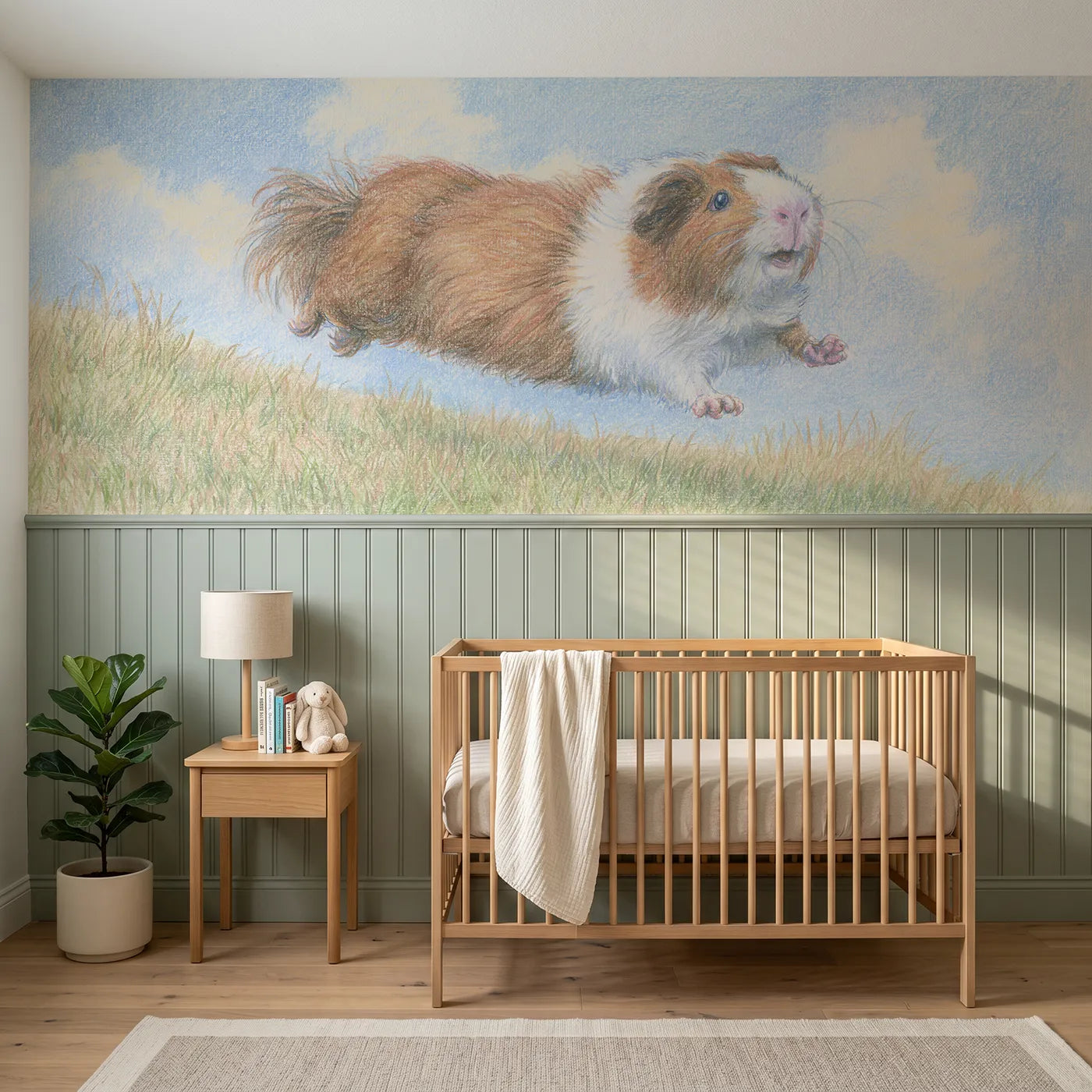 Colored pencil wainscoting wallpaper of a guinea pig popcorn hopping by Whimsy Tots