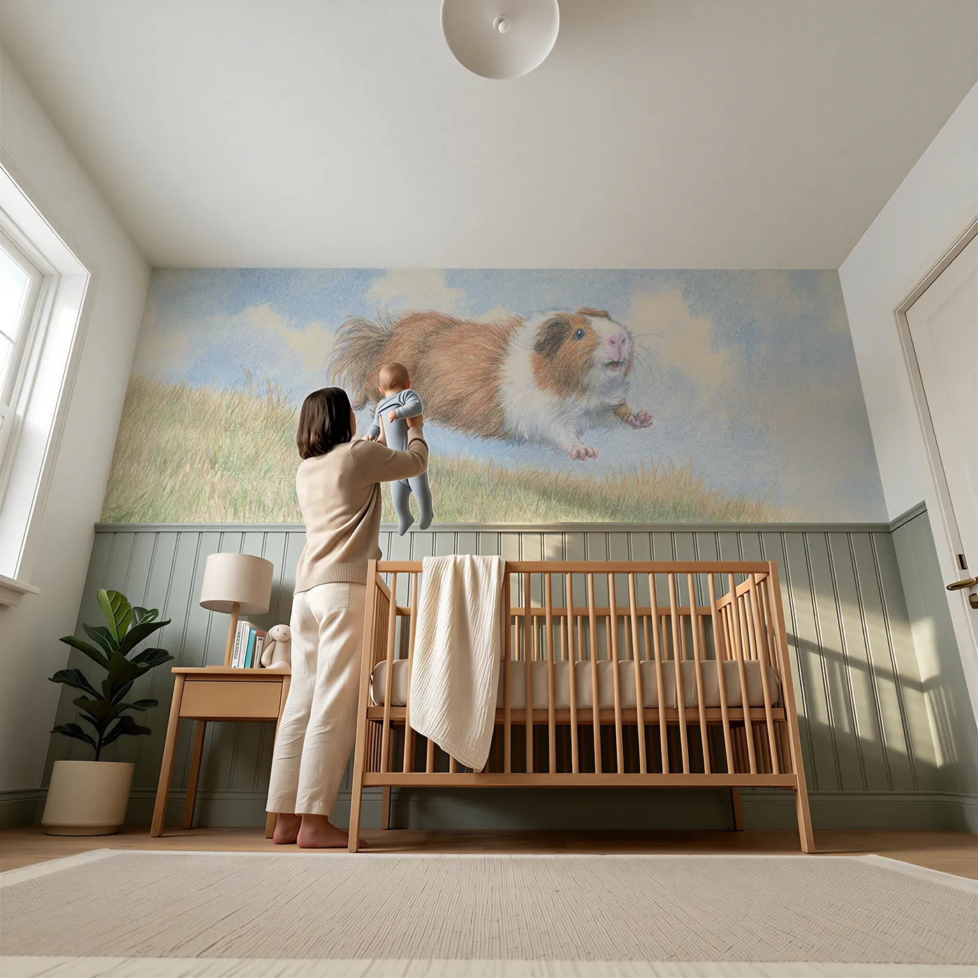 Child reading near Guinea Pig Popcorn Hop Wainscoting Wallpaper by Whimsy Tots