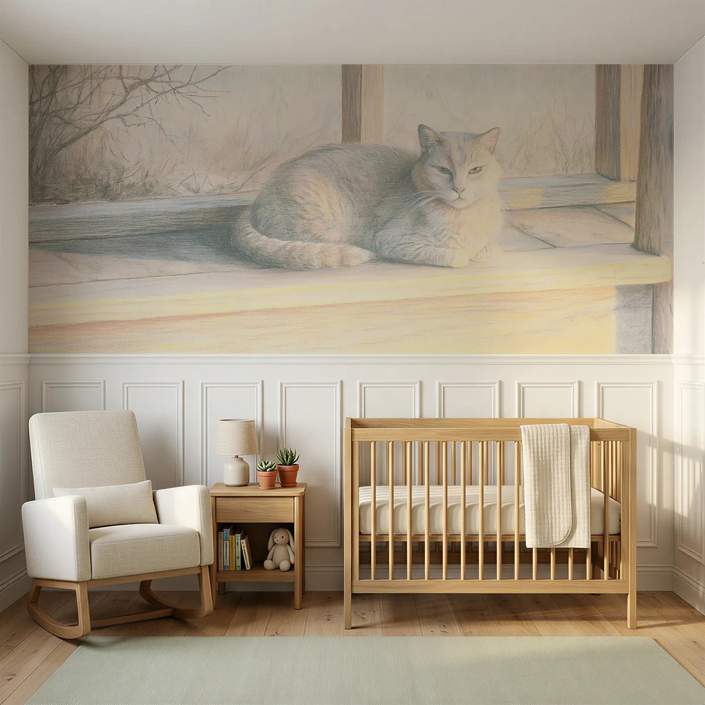 Colored pencil wainscoting wallpaper of a cat sitting with wrapped tail by Whimsy Tots