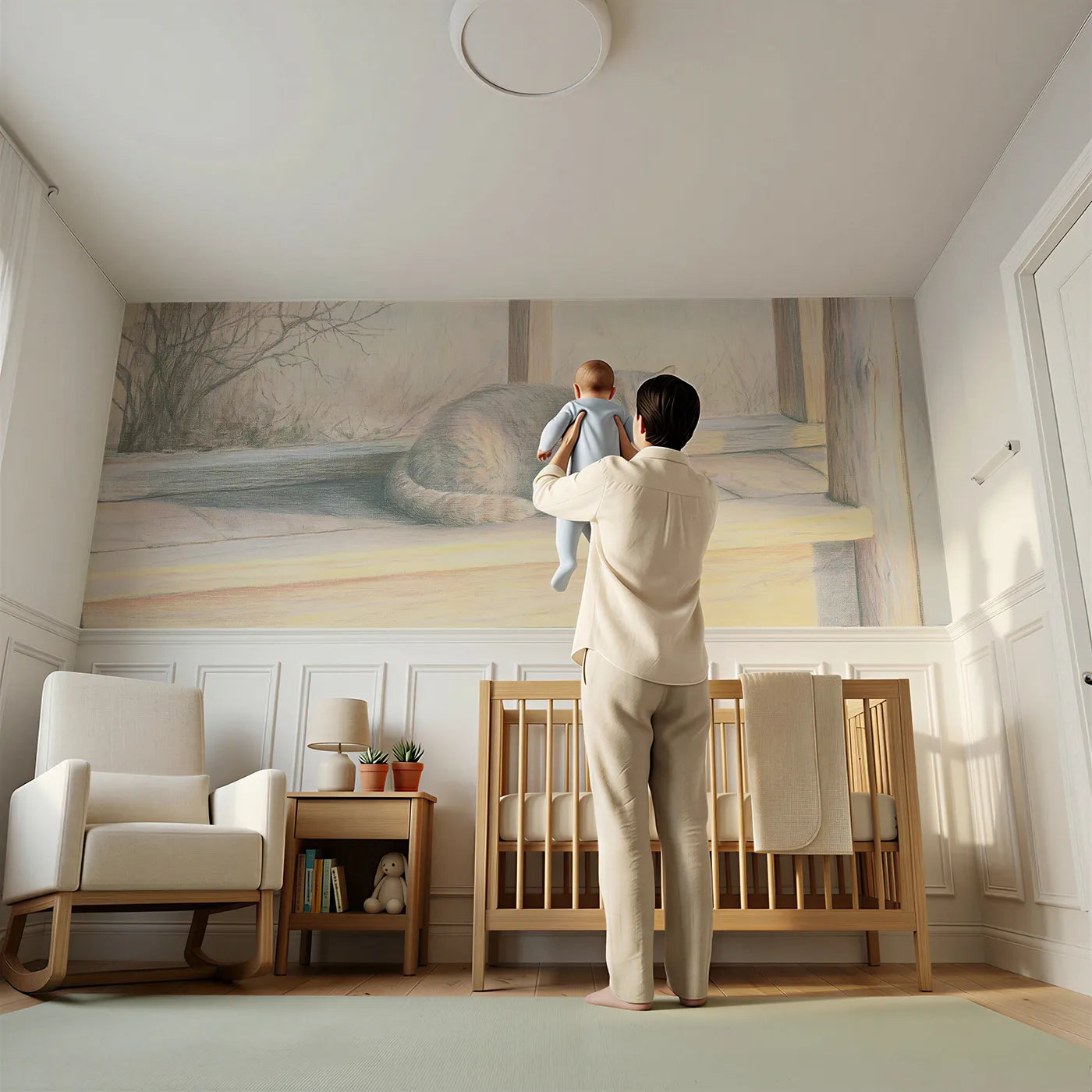 Child reading near Cat Tail Wrap Sit Wainscoting Wallpaper by Whimsy Tots
