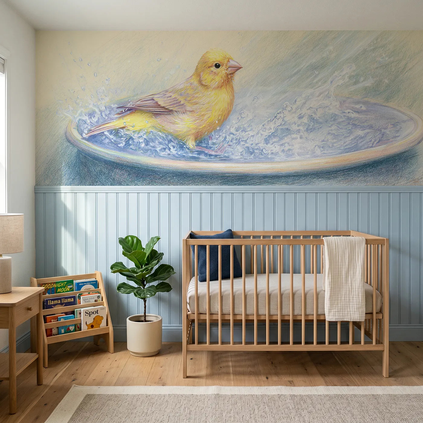 Colored pencil wainscoting wallpaper of a canary splashing in a birdbath by Whimsy Tots