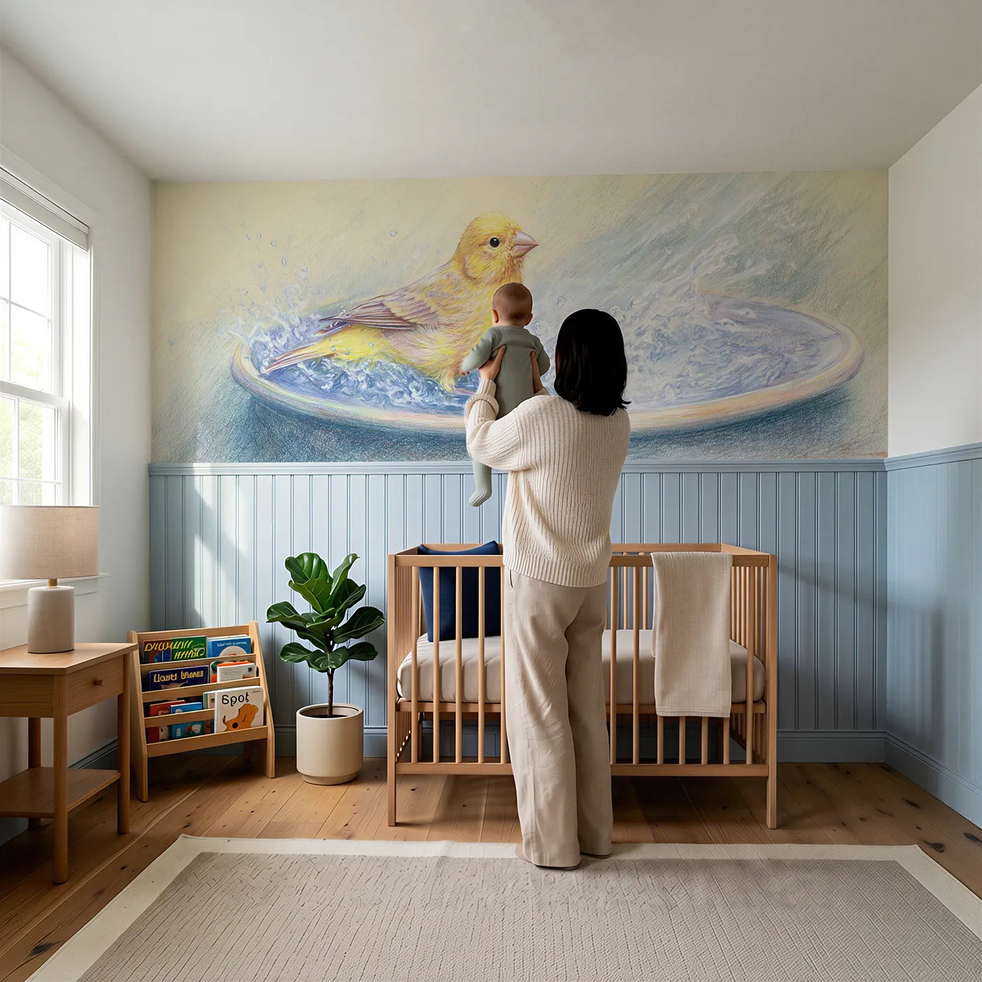 Child reading near Canary Bath Splash Tiny Wainscoting Wallpaper by Whimsy Tots