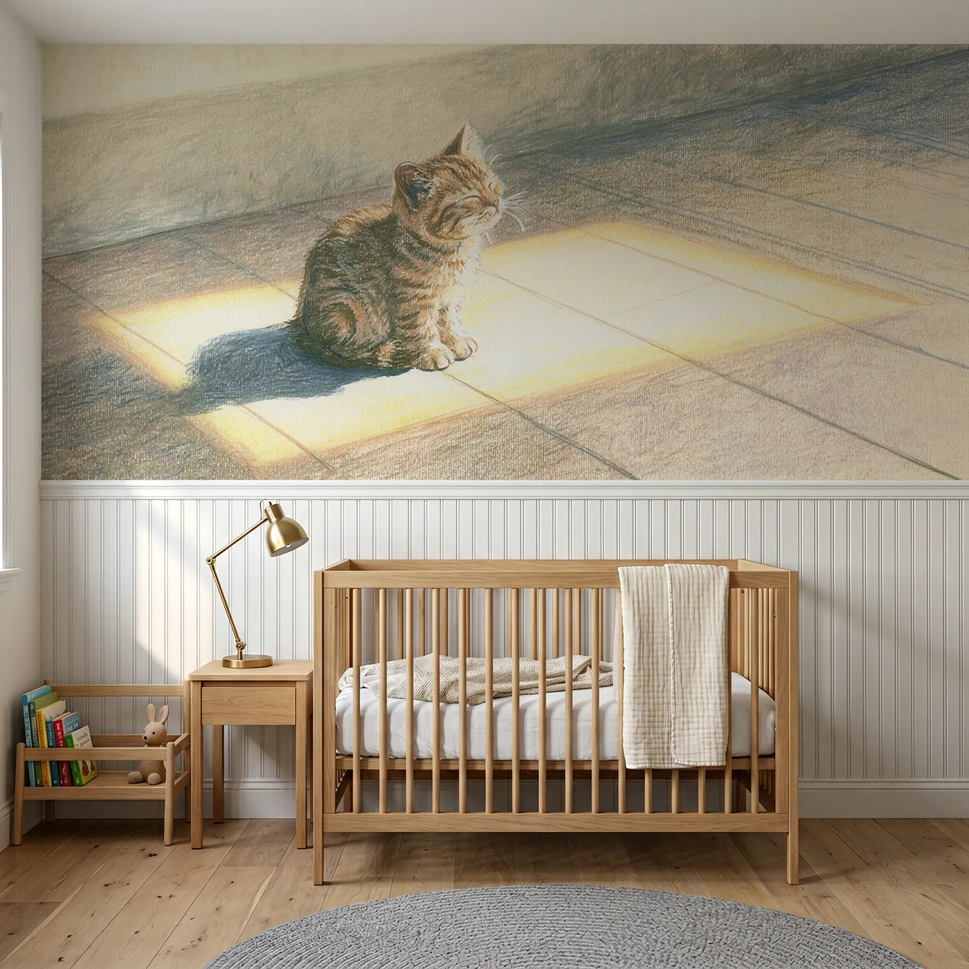 Colored pencil wainscoting wallpaper of a kitten in a floor sun square by Whimsy Tots