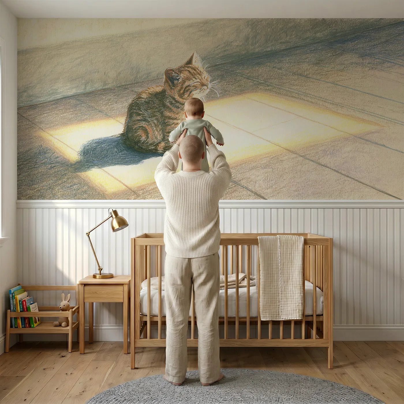 Child reading near Kitten Sunny Square Floor Wainscoting Wallpaper by Whimsy Tots