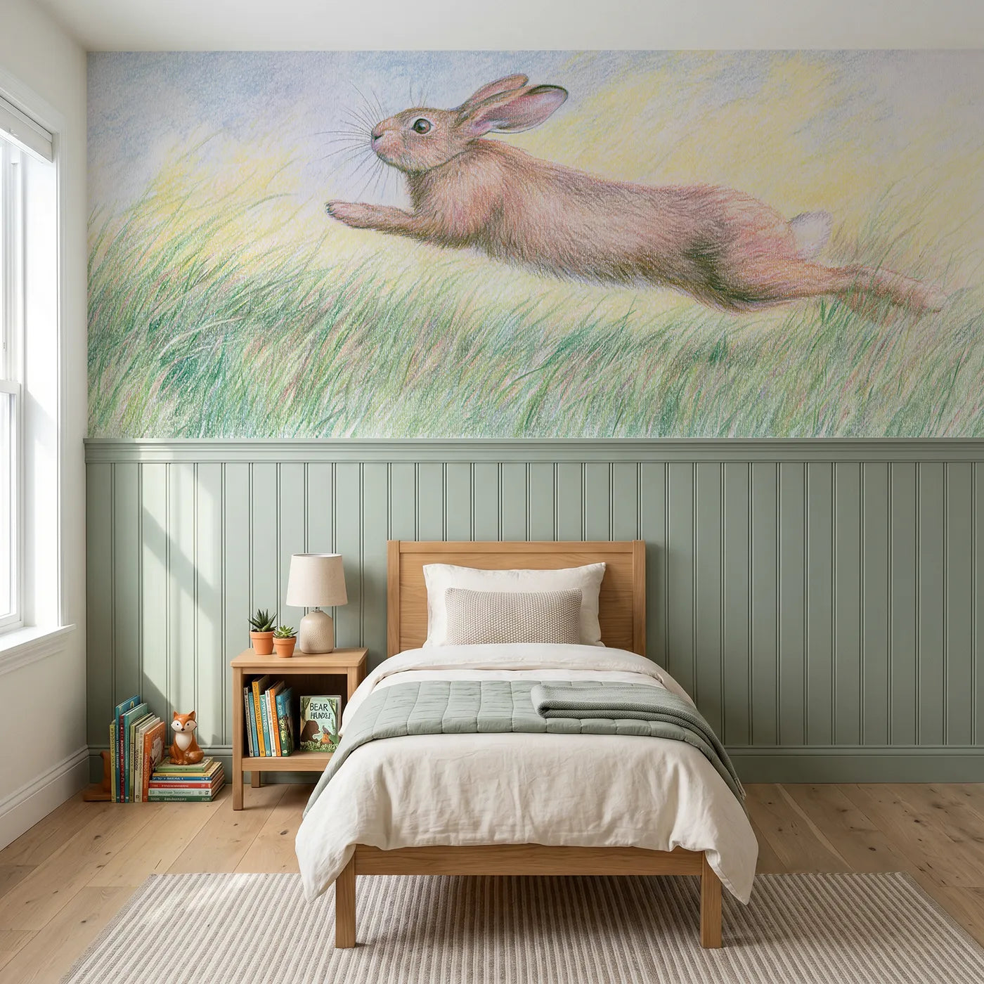 Colored pencil wainscoting wallpaper of a bunny mid binky jump by Whimsy Tots