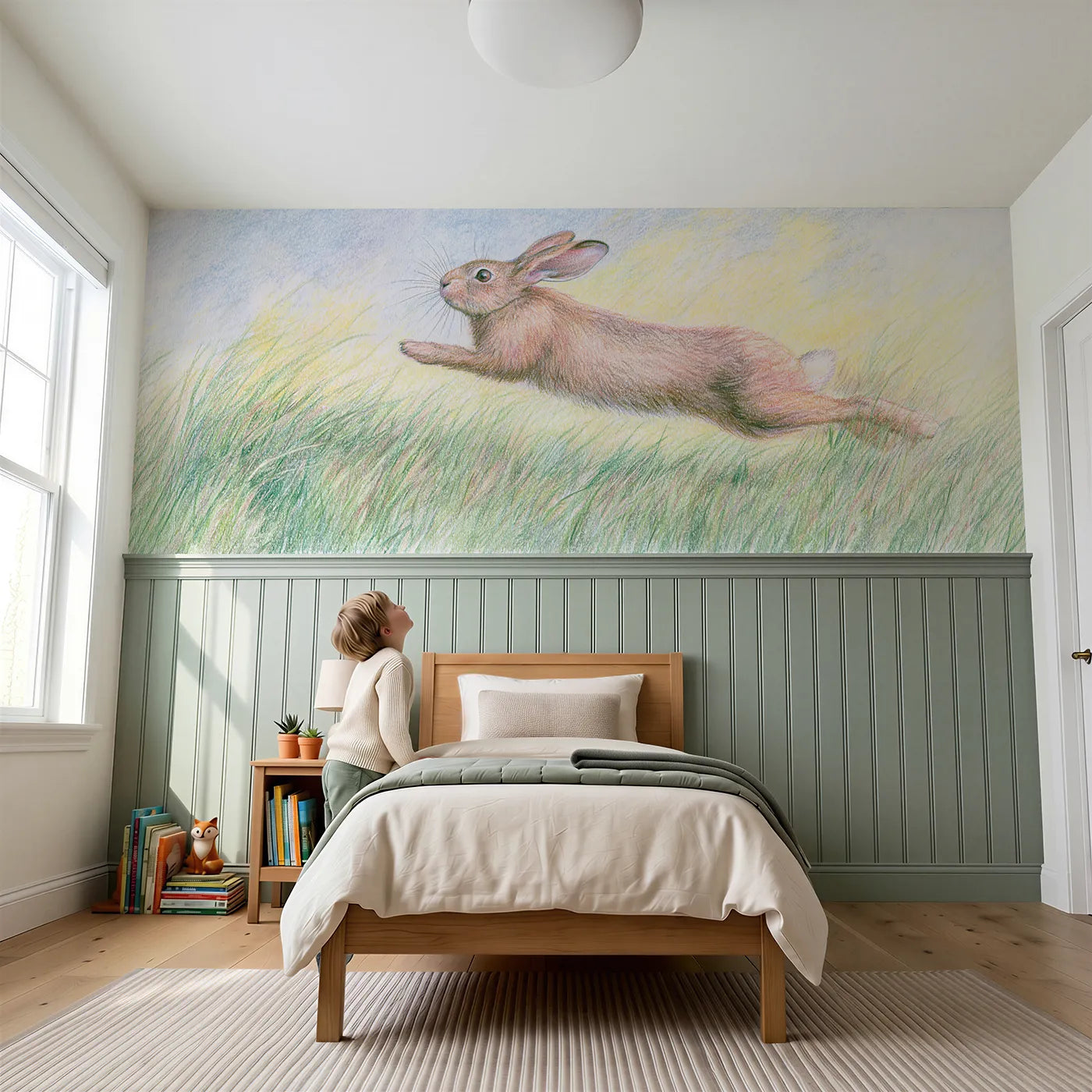 Child reading near Bunny Binky Jump Joy Wainscoting Wallpaper by Whimsy Tots