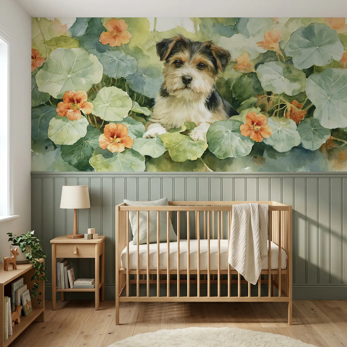 Watercolor wainscoting wallpaper of a puppy among nasturtium blooms by Whimsy Tots
