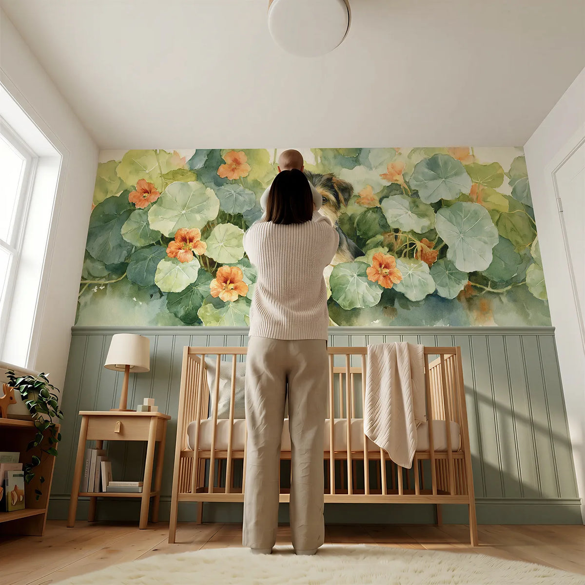Child reading near Puppy Among Nasturtiums Wainscoting Wallpaper by Whimsy Tots