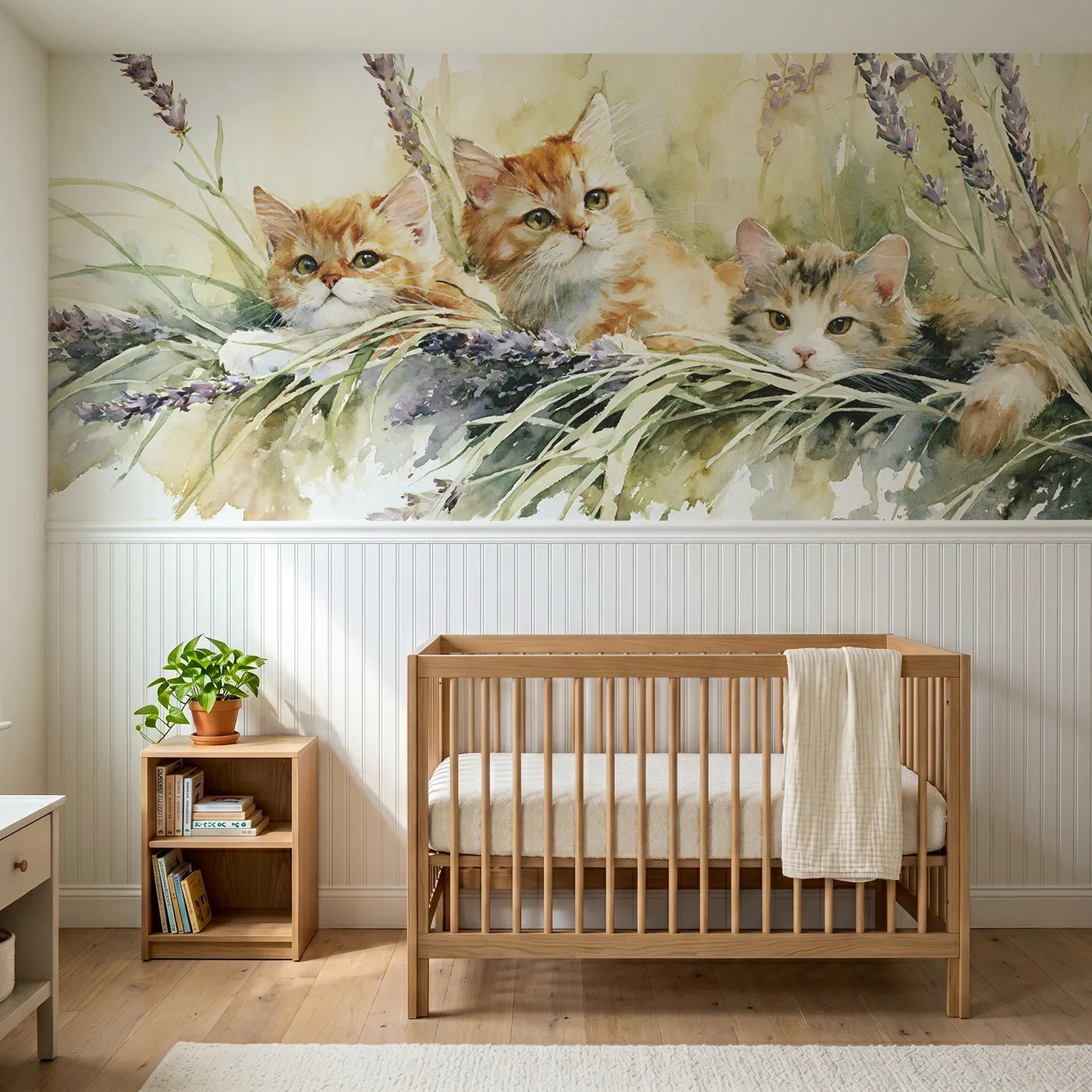 Watercolor wainscoting wallpaper of kittens hiding in lavender spikes by Whimsy Tots