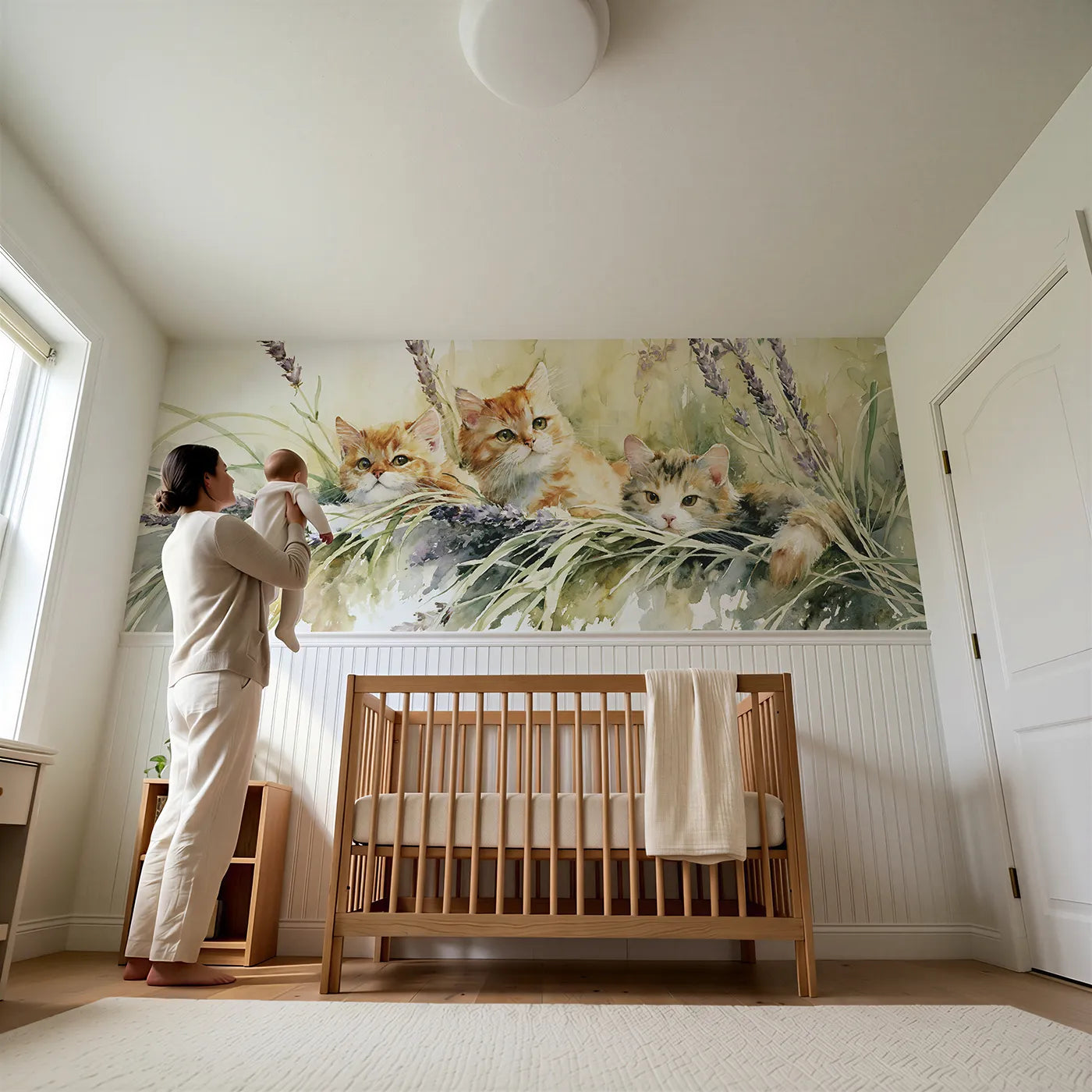 Child reading near Kitten Lavender Hide Seek Wainscoting Wallpaper by Whimsy Tots