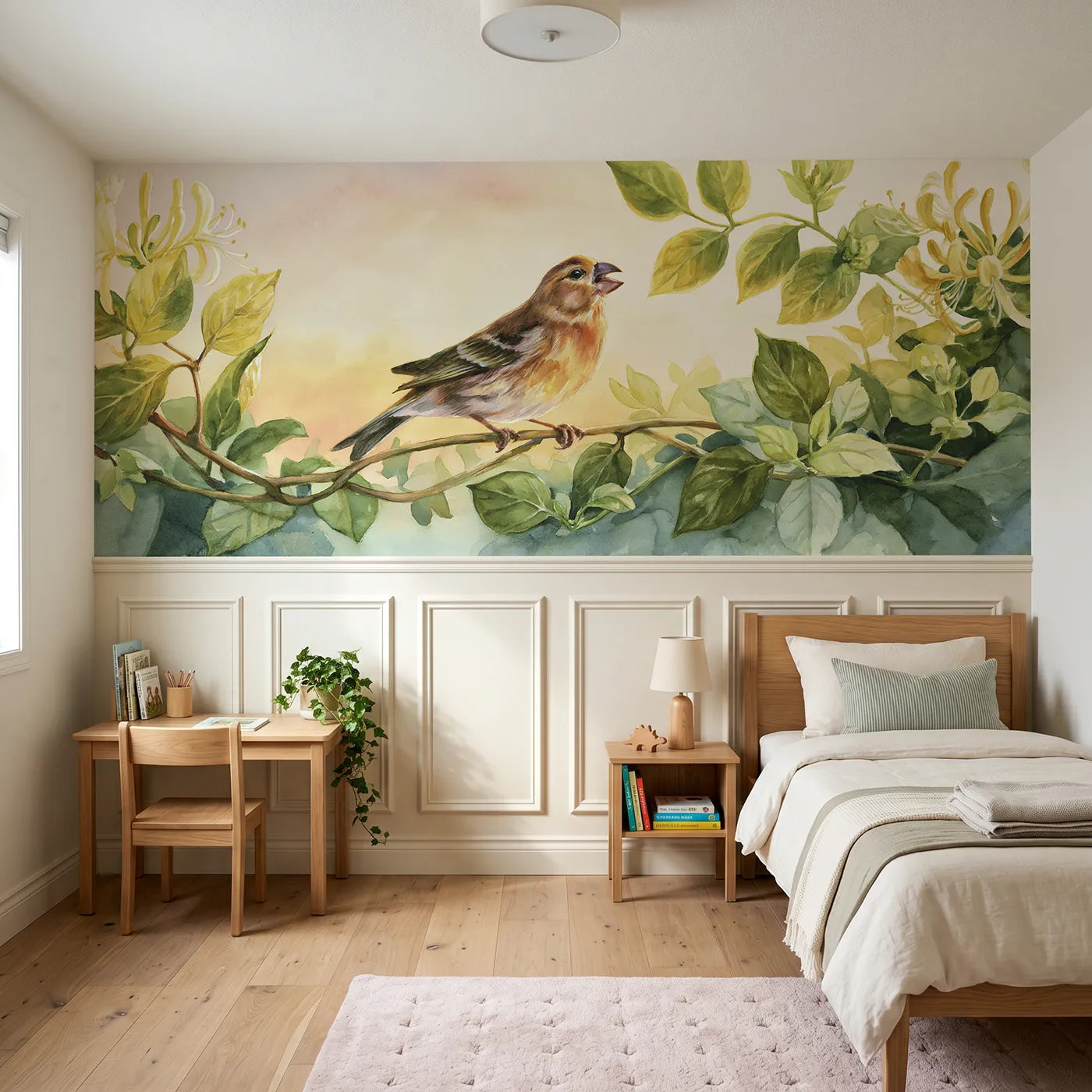 Watercolor wainscoting wallpaper of a canary singing in honeysuckle by Whimsy Tots