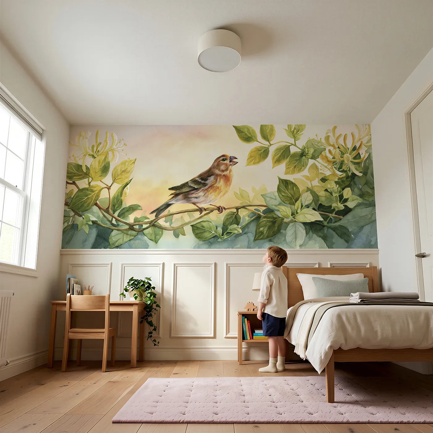 Child reading near Canary Honeysuckle Song Wainscoting Wallpaper by Whimsy Tots