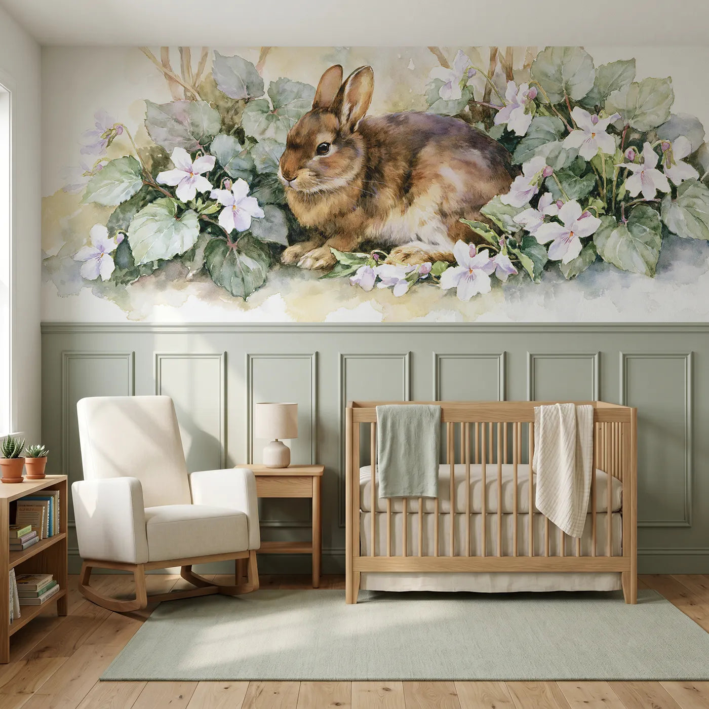 Watercolor wainscoting wallpaper of a bunny among wild violets by Whimsy Tots