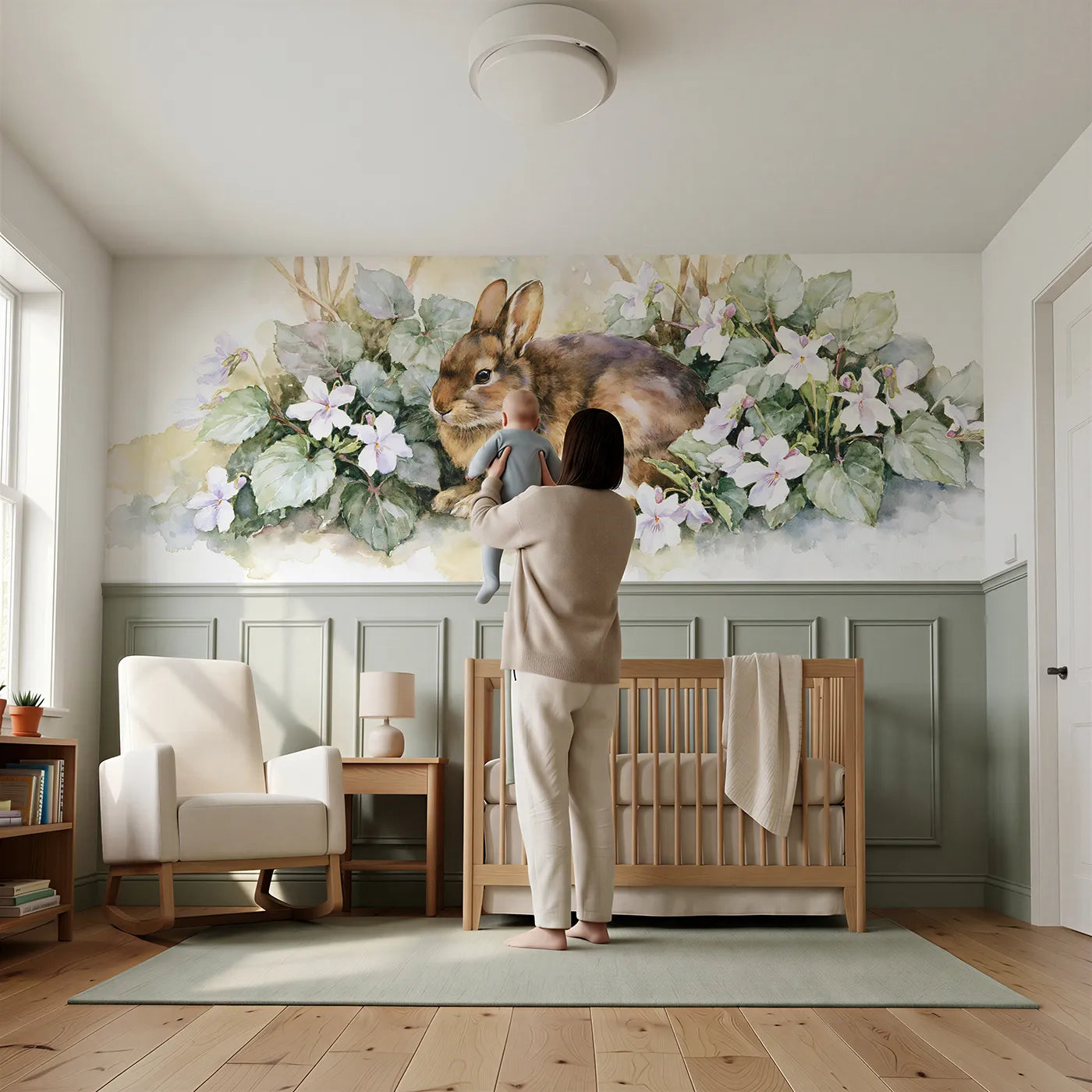 Child reading near Bunny Violet Patch Detail Wainscoting Wallpaper by Whimsy Tots