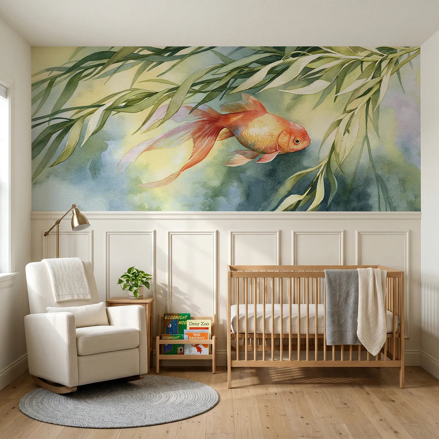 Watercolor wainscoting wallpaper of a goldfish circling a sunny pond by Whimsy Tots