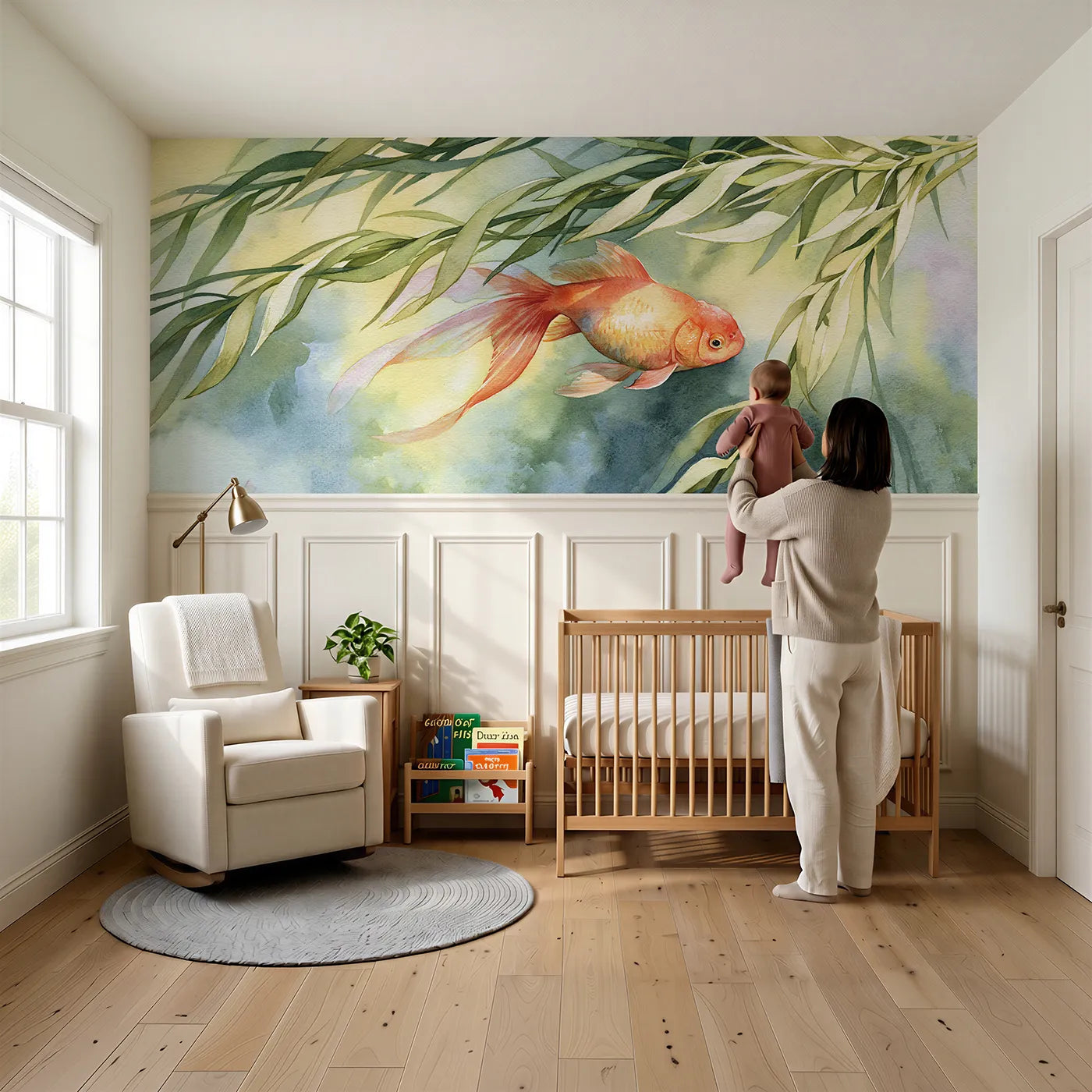 Child reading near Goldfish Lazy Sun Circle Wainscoting Wallpaper by Whimsy Tots