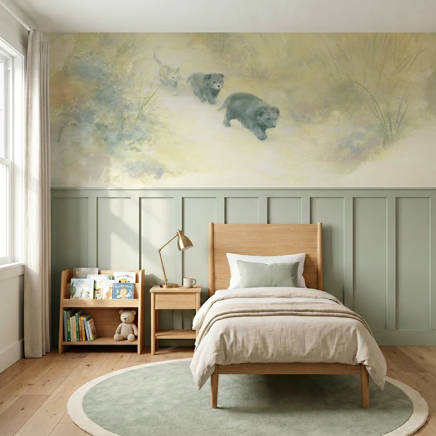 Soft pastel wainscoting wallpaper of a kitten following a puppy by Whimsy Tots