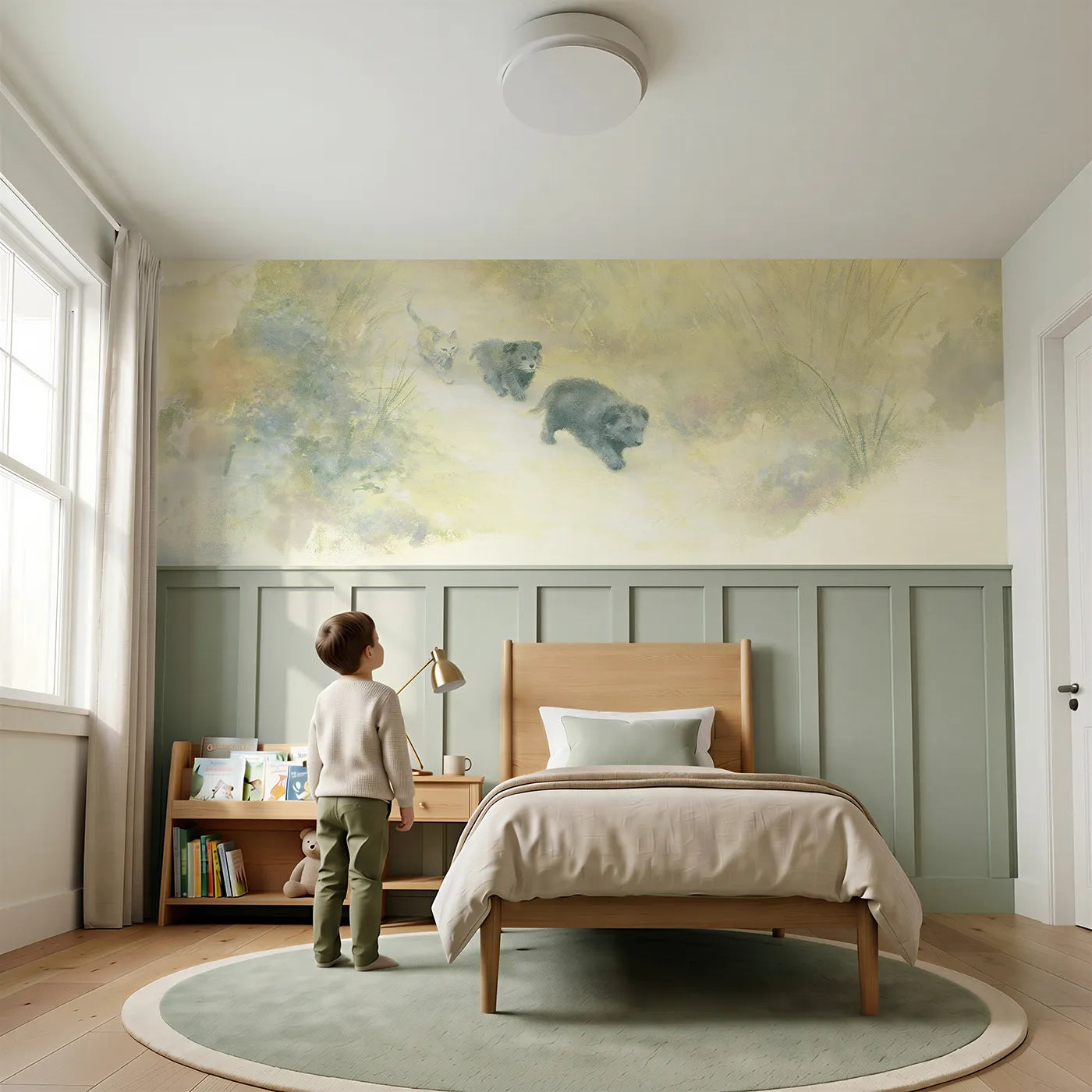 Child reading near Kitten Puppy Garden Follow Wainscoting Wallpaper by Whimsy Tots