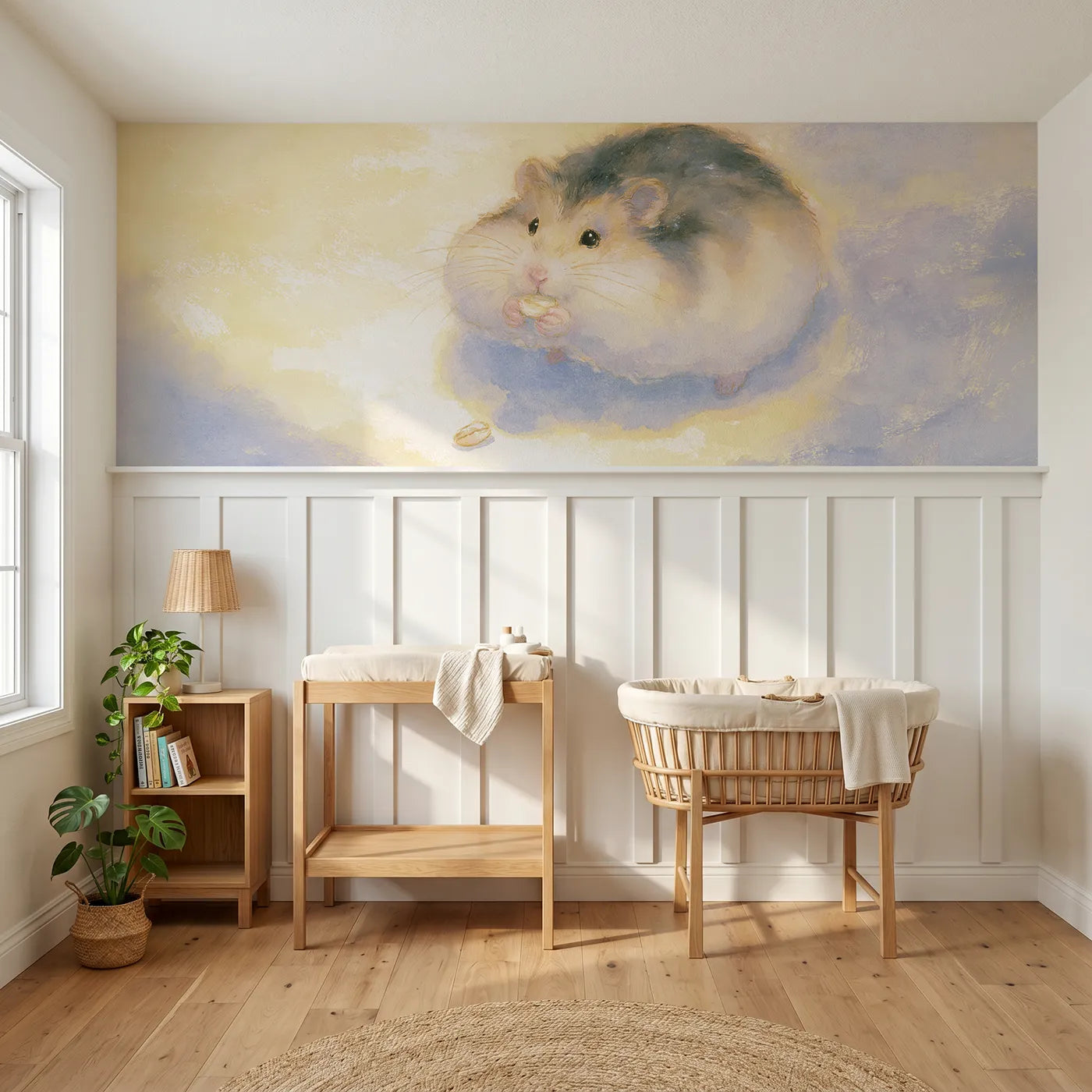 Soft pastel wainscoting wallpaper of a hamster snacking by lamplight by Whimsy Tots