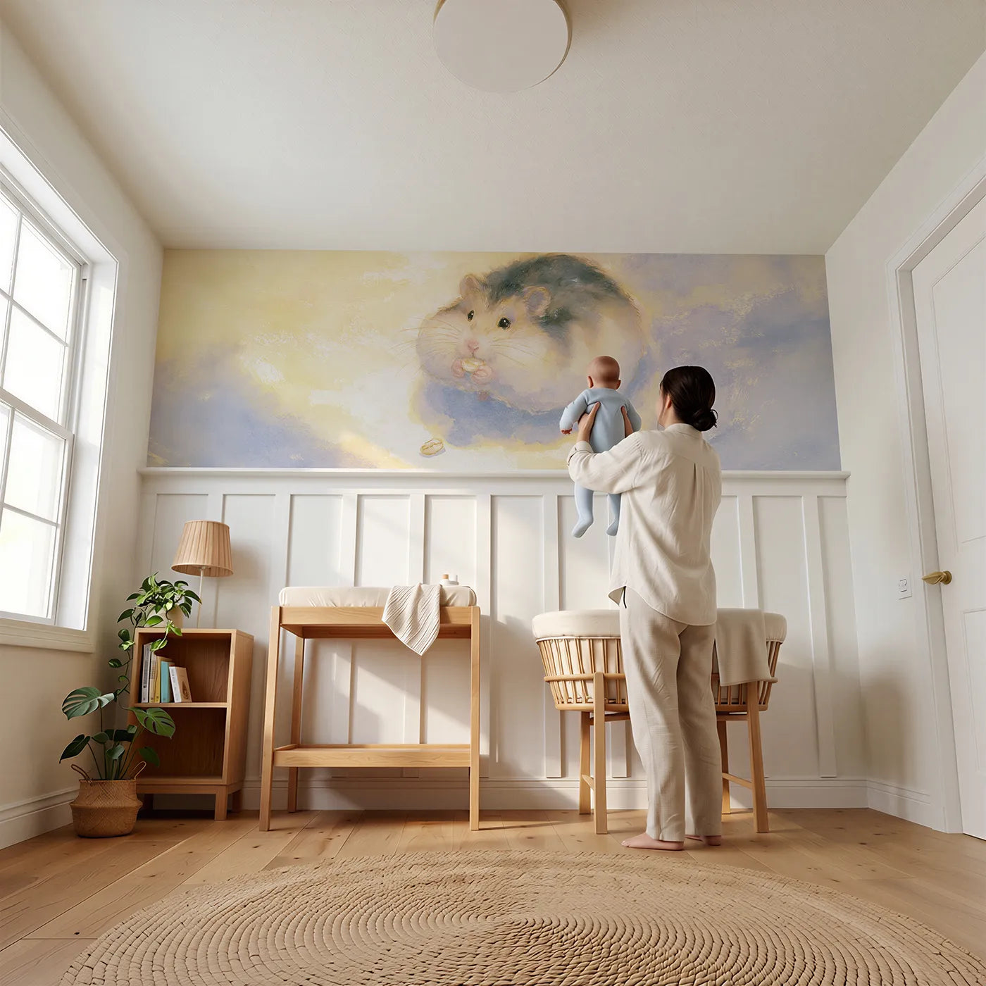 Child reading near Hamster Midnight Snack Tiny Wainscoting Wallpaper by Whimsy Tots