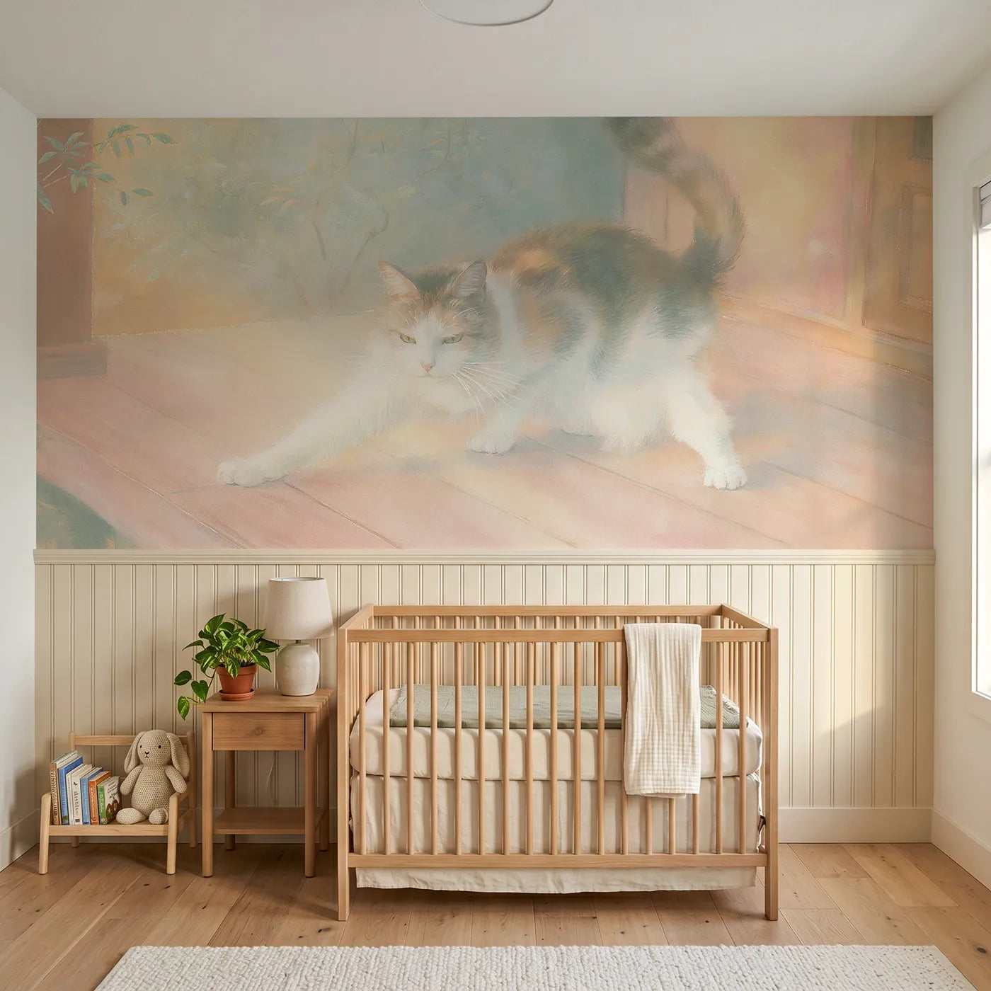 Soft pastel wainscoting wallpaper of a cat bow-stretching at dusk by Whimsy Tots