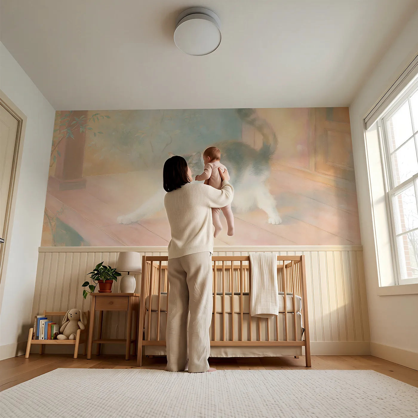 Child reading near Cat Evening Bow Stretch Wainscoting Wallpaper by Whimsy Tots