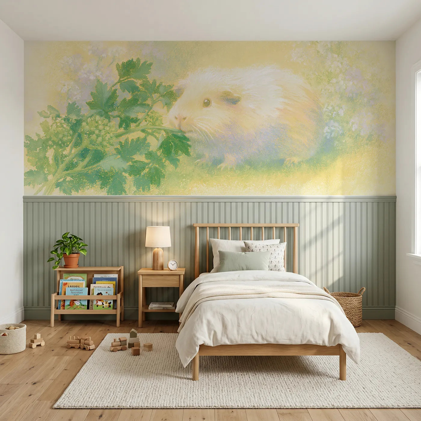 Soft pastel wainscoting wallpaper of a guinea pig eating parsley by Whimsy Tots