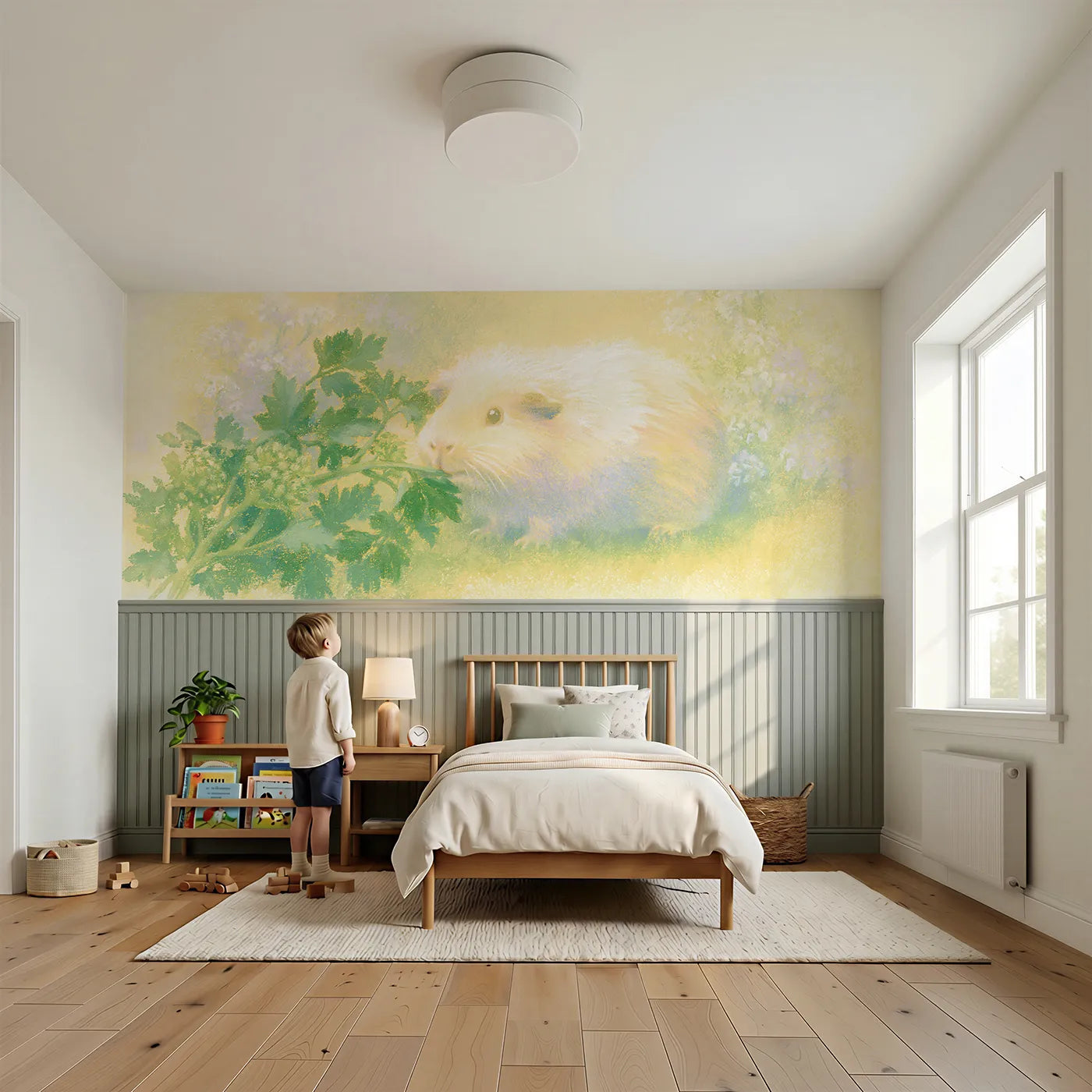 Child reading near Guinea Pig Parsley Nibble Wainscoting Wallpaper by Whimsy Tots