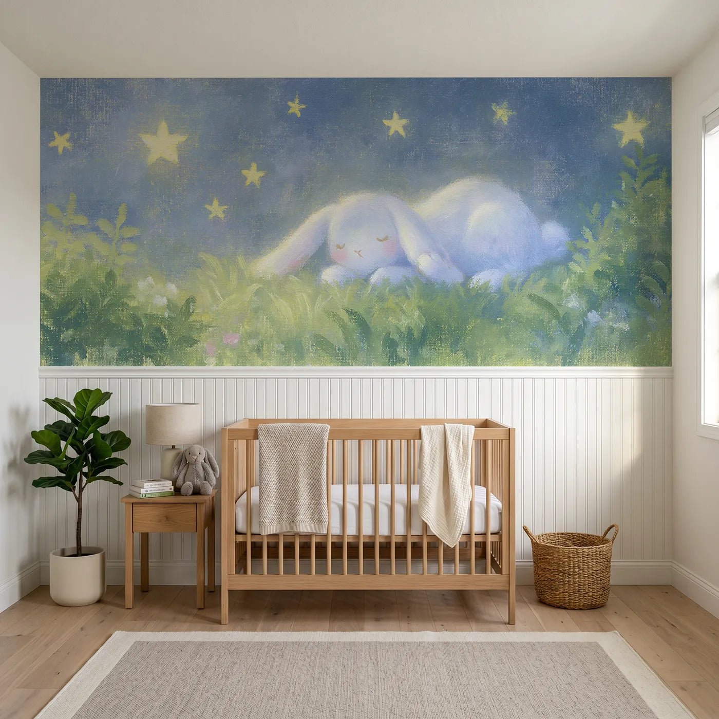 Soft pastel wainscoting wallpaper of a bunny washing its ear at night by Whimsy Tots