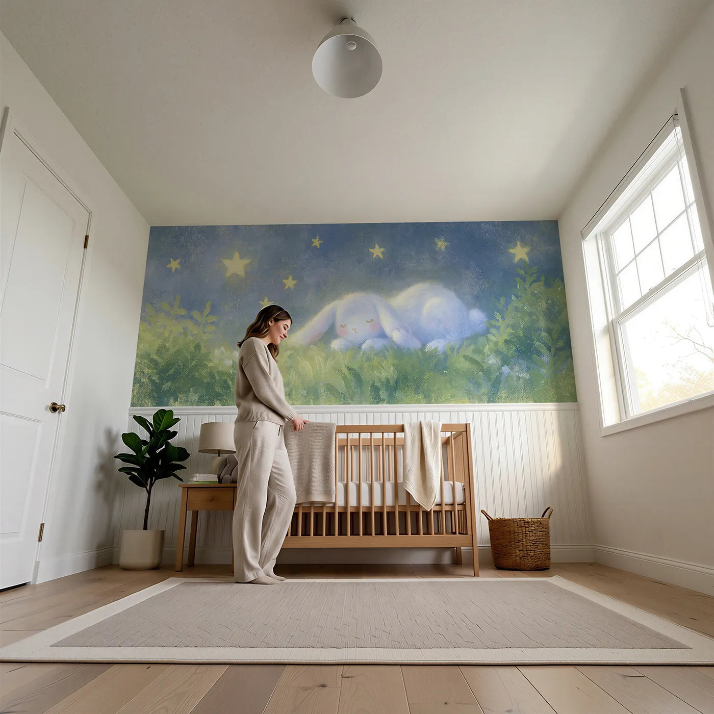 Child reading near Bunny Starry Garden Wash Wainscoting Wallpaper by Whimsy Tots