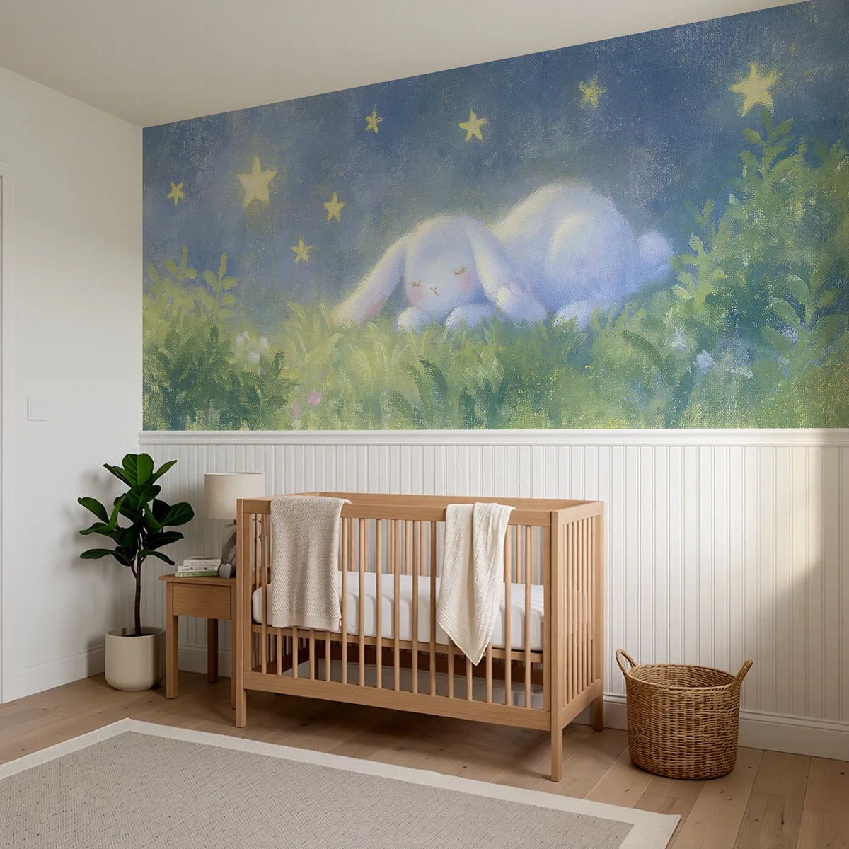 Bunny Starry Garden Wash Wainscoting Wallpaper styled in a kids room by Whimsy Tots