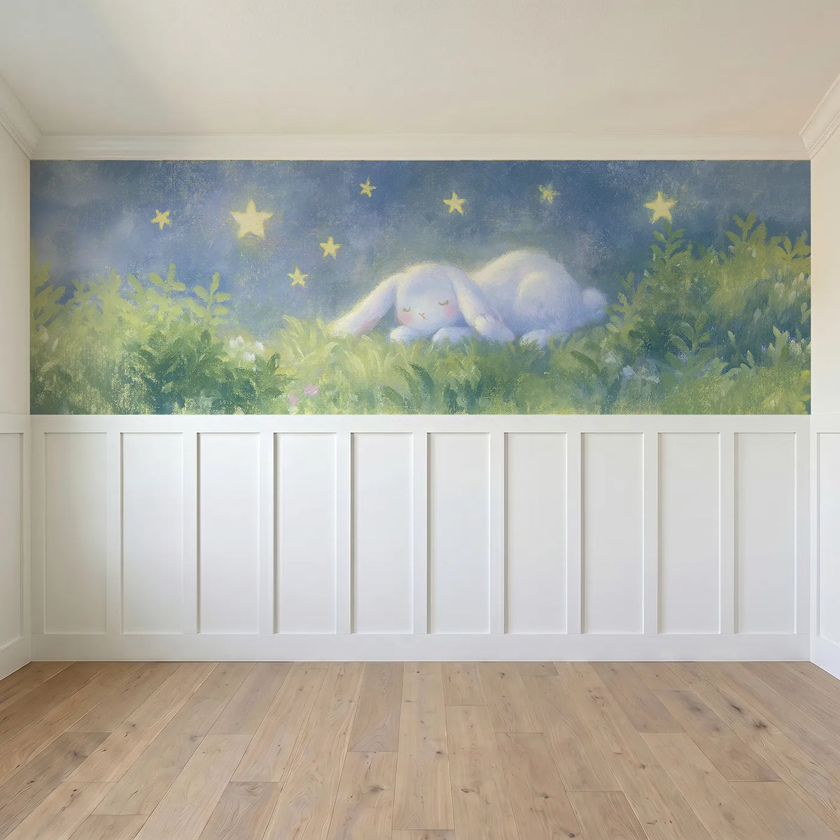 Full panel view of Bunny Starry Garden Wash Wainscoting Wallpaper by Whimsy Tots