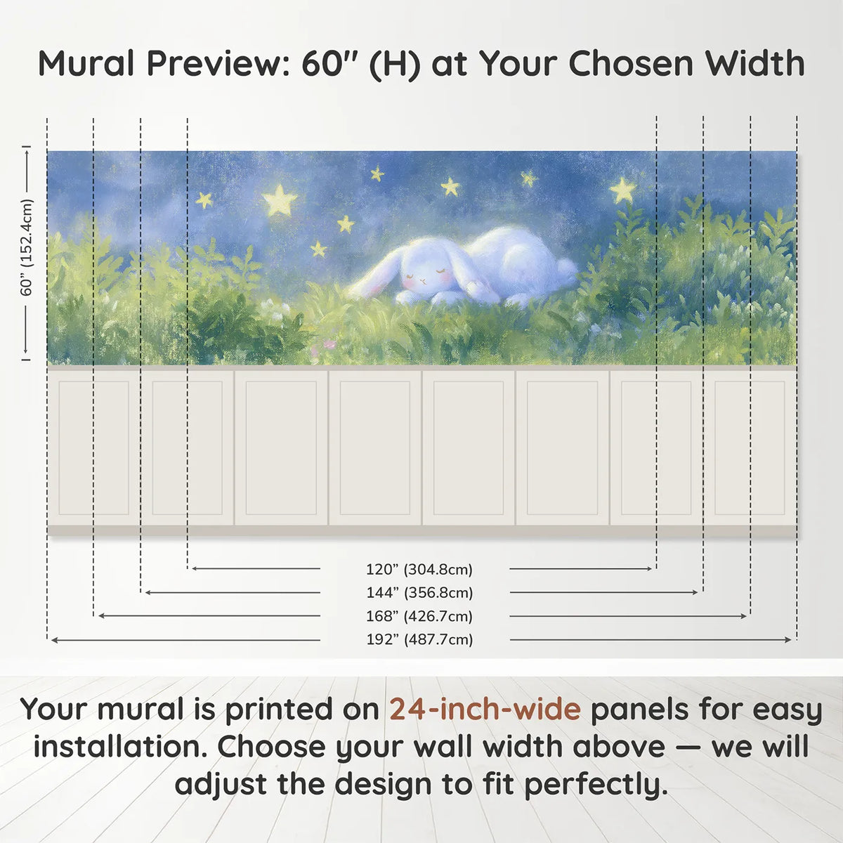 Panel dimensions for Bunny Starry Garden Wash Wainscoting Wallpaper by Whimsy Tots